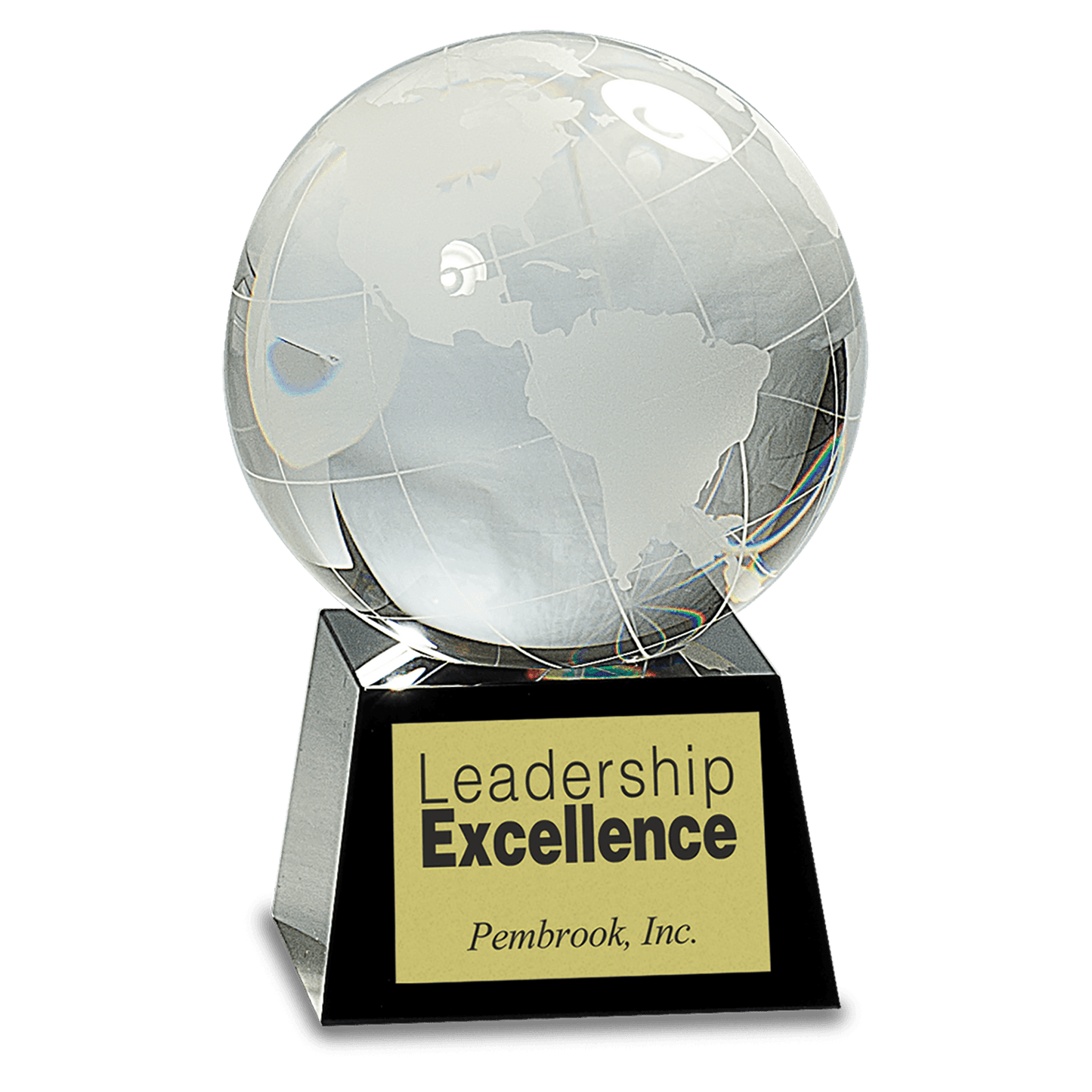 5.5 inch crystal globe award with frosted continents on black crystal base