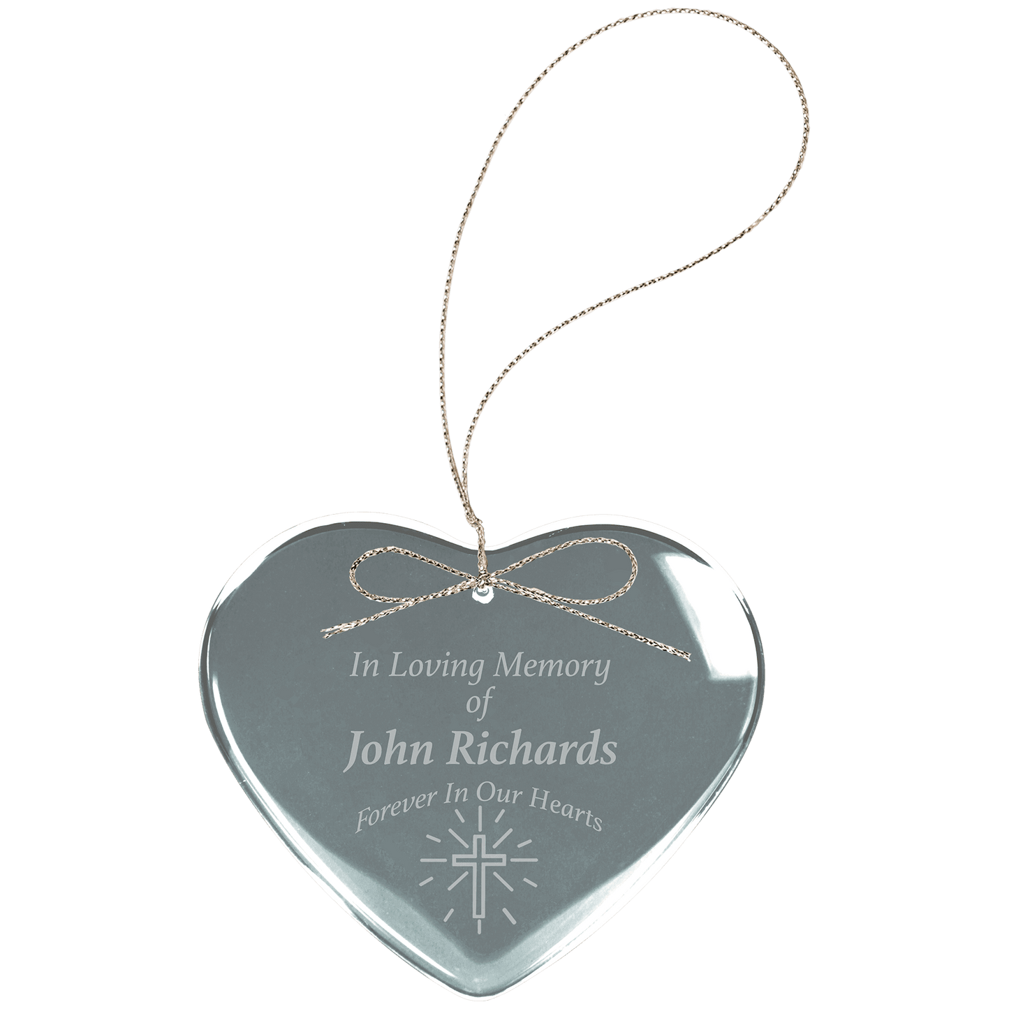 Heart-shaped crystal ornament with engraved text