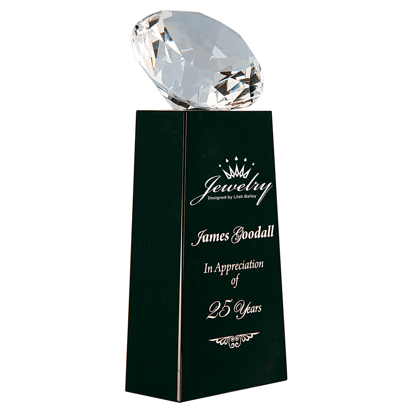 Black 7 3/4" Crystal Diamond on Crystal Pedestal — engravable optical crystal award