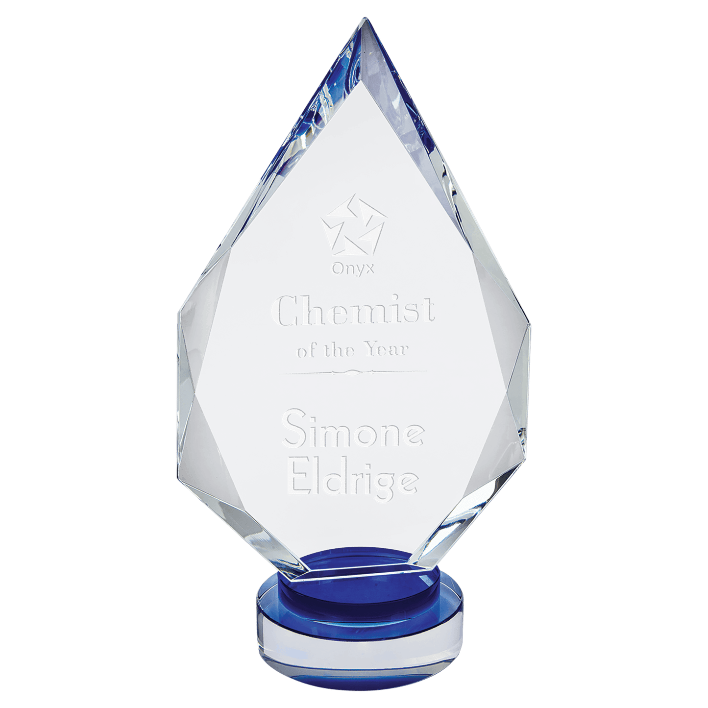 10 1/4" Diamond Crystal on Blue & Clear Round Base — engravable optical crystal award