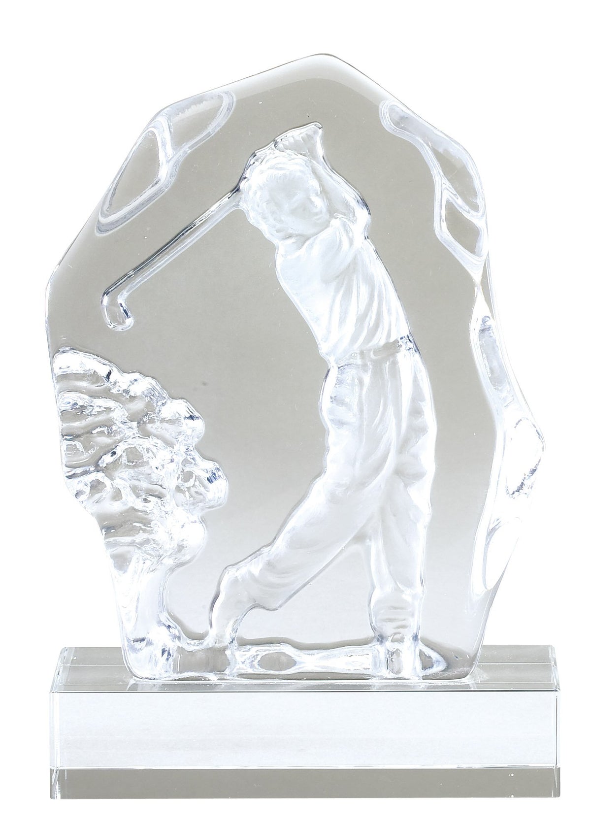 Frosted sculpted glass award with a golfer driving off the tee