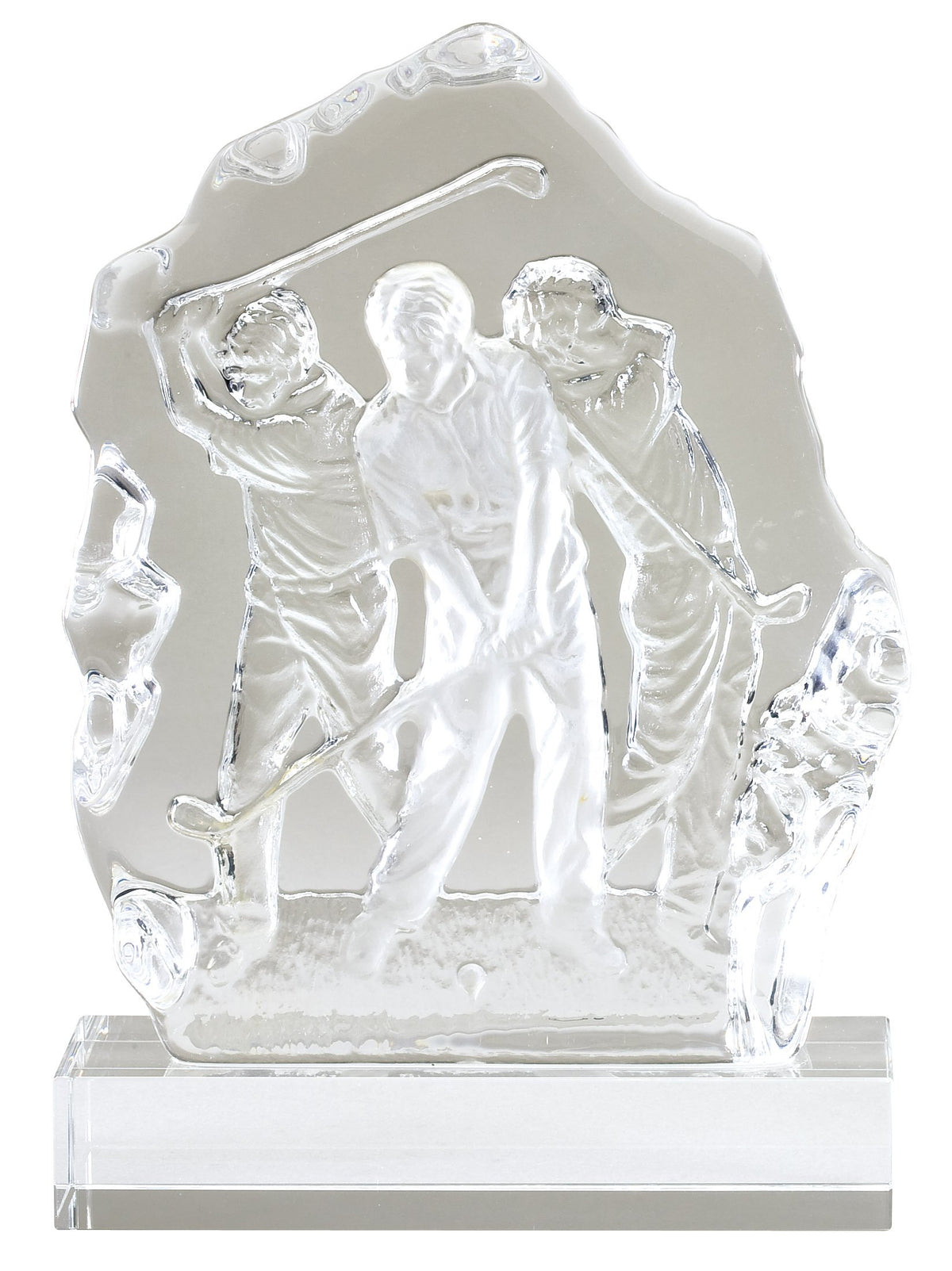 Frosted sculpted glass award with three golfers