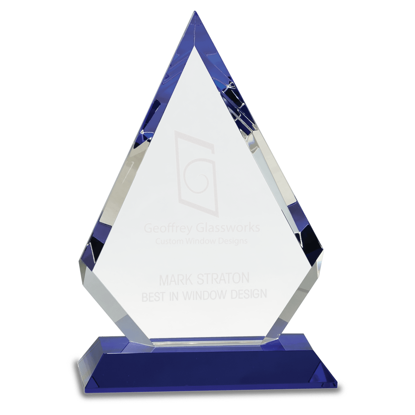 Clear Crystal Diamond on Blue Pedestal Base — engravable optical crystal award
