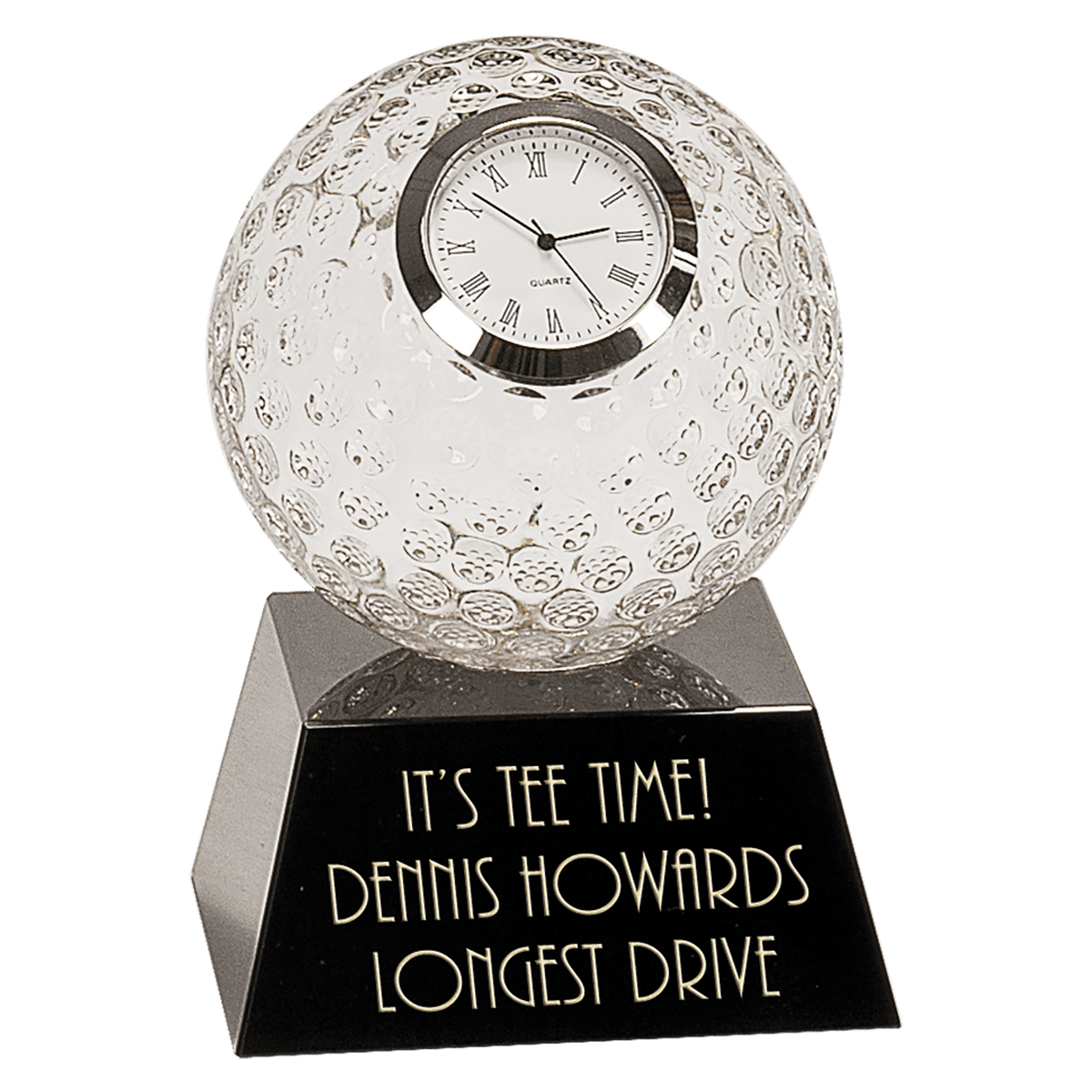 Personalized crystal golf ball clock on black pedestal base