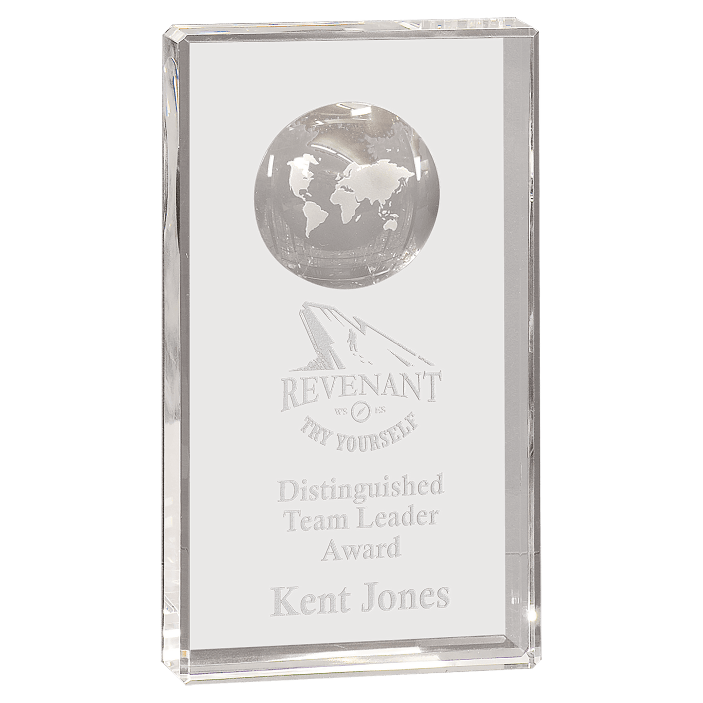 8 inch clear crystal rectangle award with inset 3D globe etching