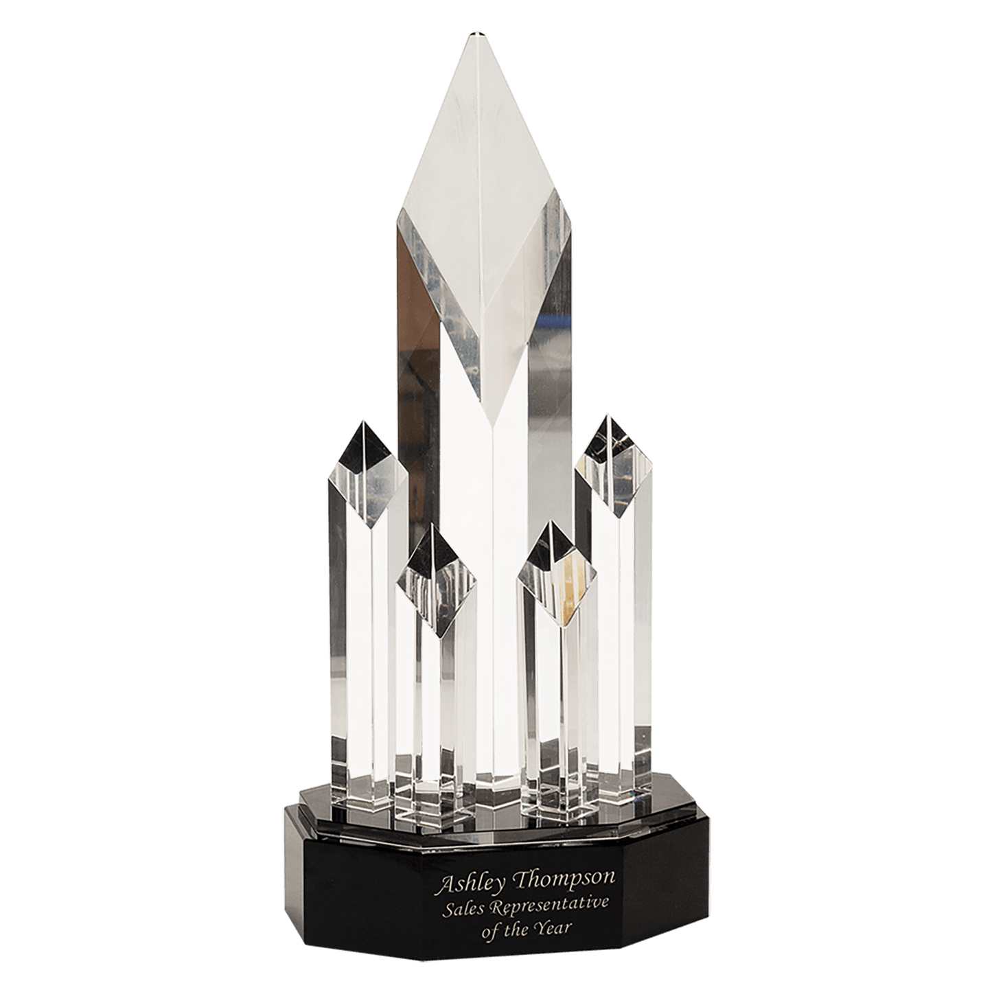 Clear Crystal 5 Rising Diamonds on Black Pedestal Base — engravable optical crystal award