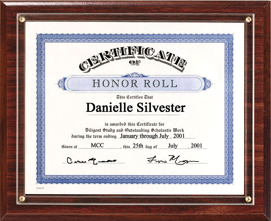 Slide-in certificate plaque with gold trim