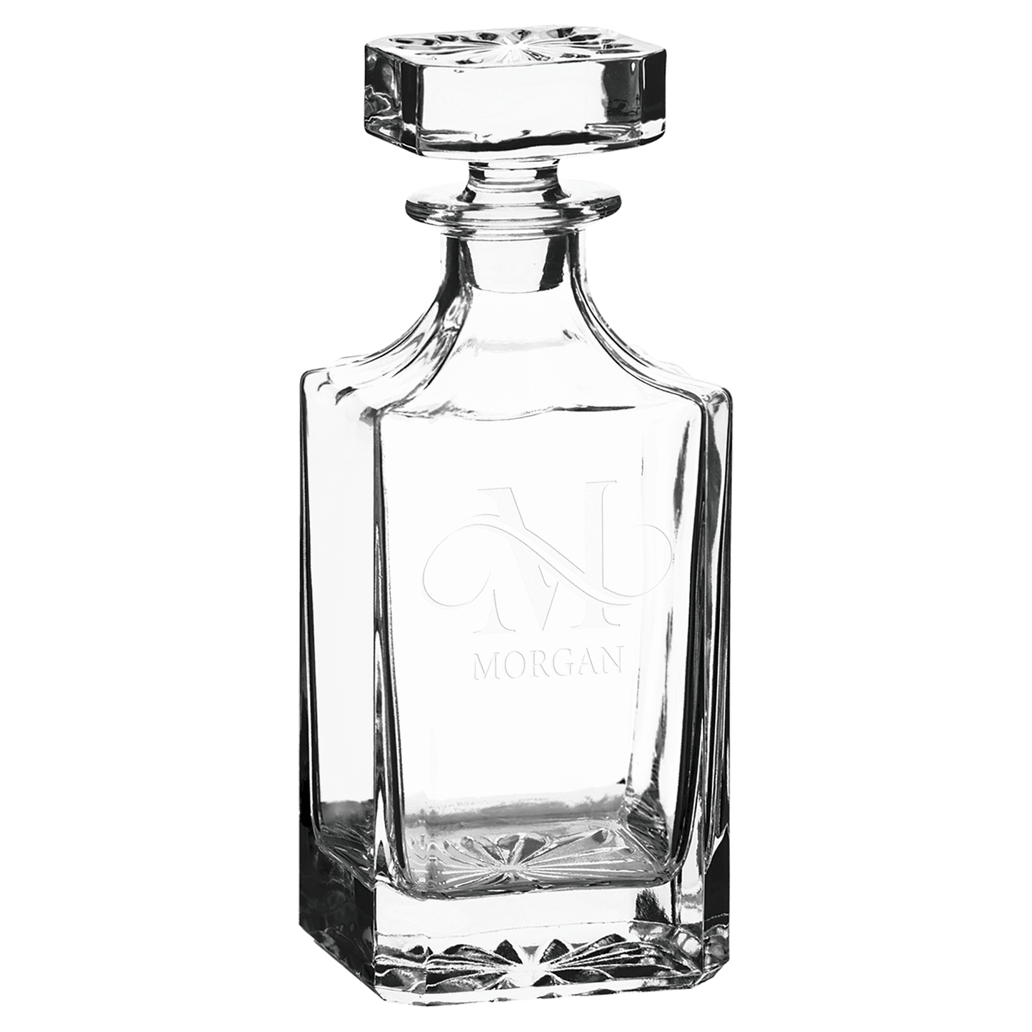 Square clear glass whiskey decanter, 750 mL, in a black gift box