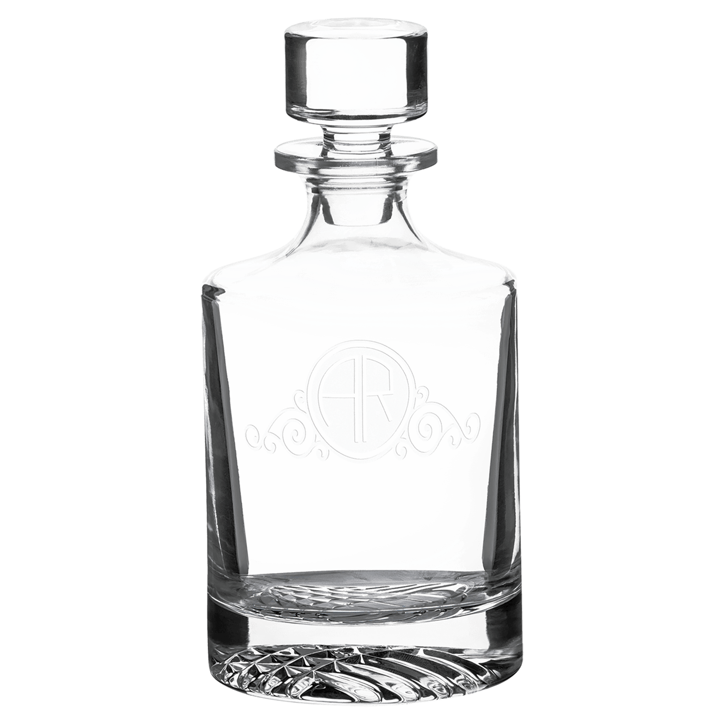 Round clear glass whiskey decanter, 850 mL, in a black gift box