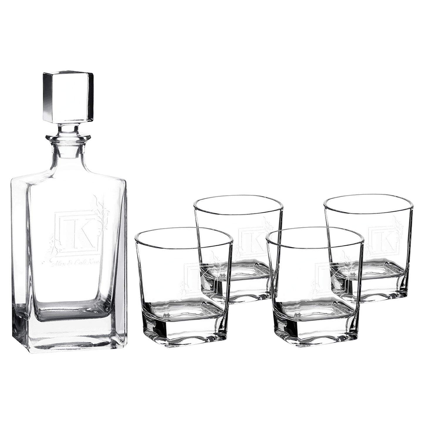 Rectangle glass whiskey decanter set with four matching 8 oz rocks glasses in a black gift box