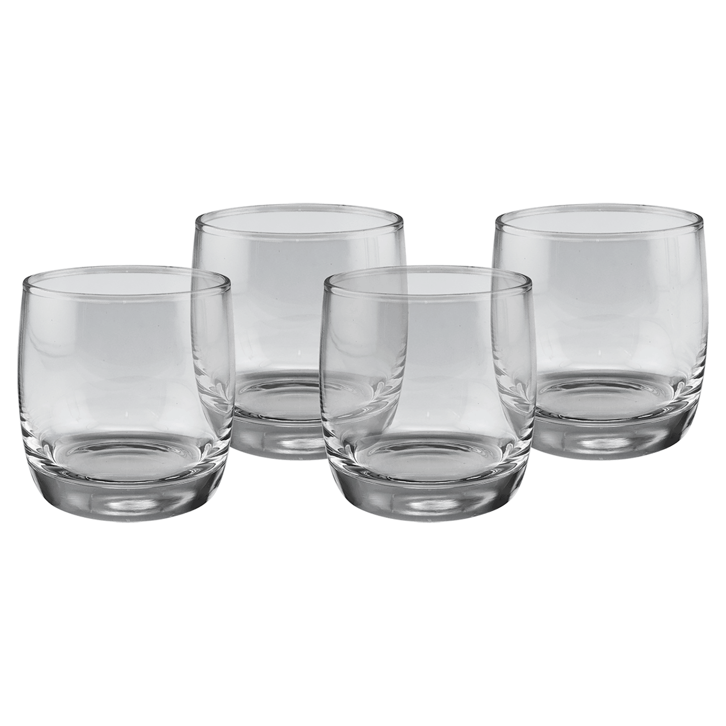 Set of four flat round 10 oz heavy-base glass whiskey rocks glasses in a black gift box