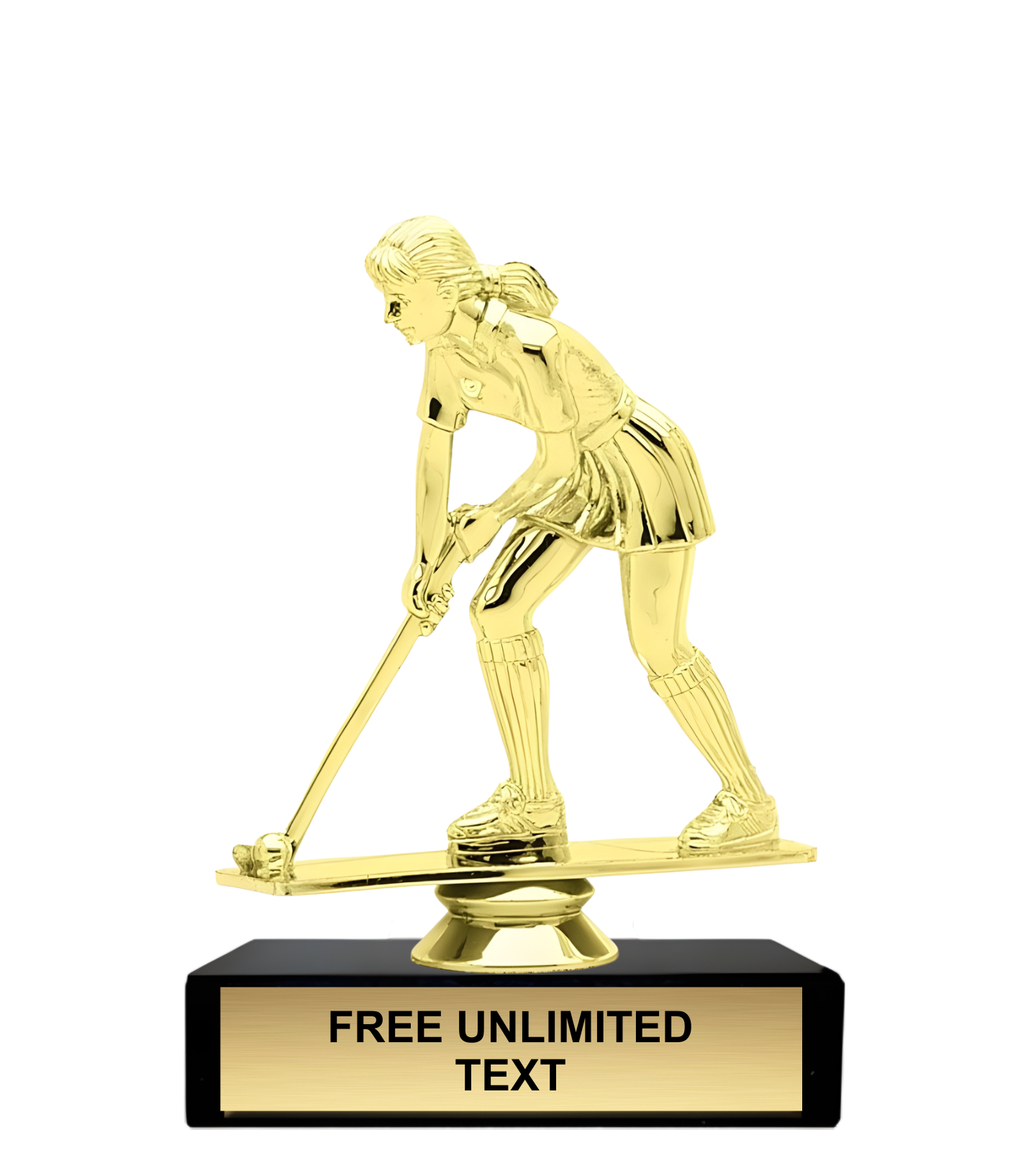 Gold trophy of a female field hockey player on a black base with customizable text.