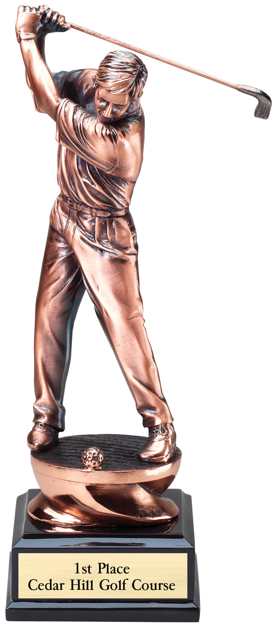 Copper-finish golfer with a driver beside a glass panel, 11" size