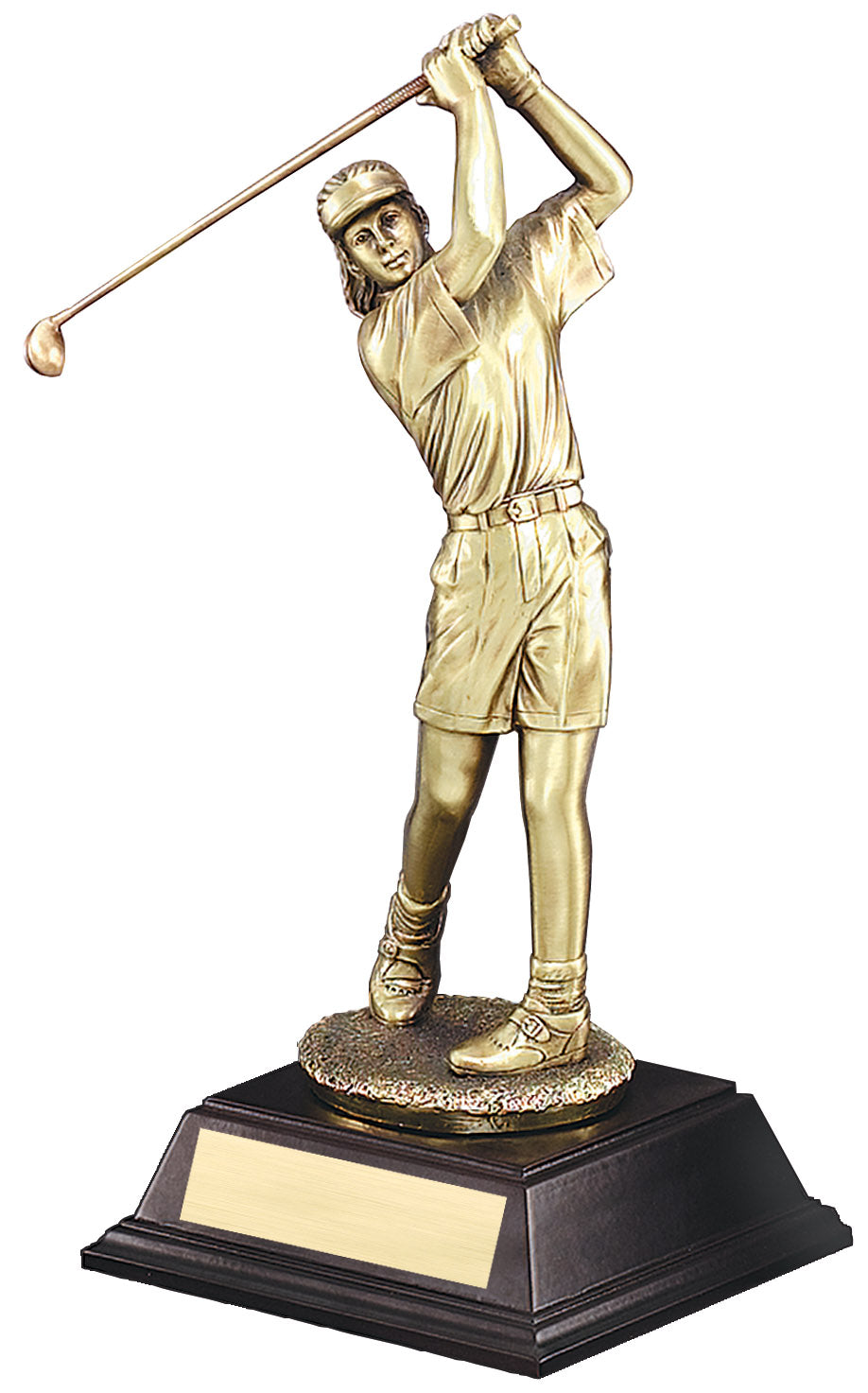 Gold female golfer in full swing, 12½" size