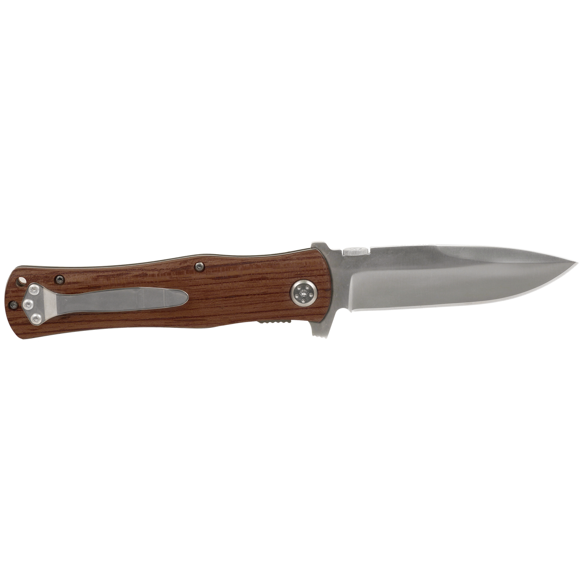Personalized wood handle pocket knife shown open