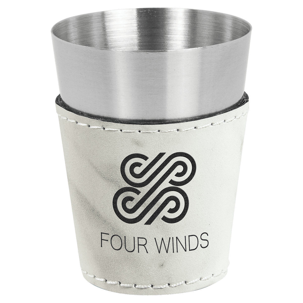 Personalized 2 oz white marble leatherette wrapped stainless steel shot glass