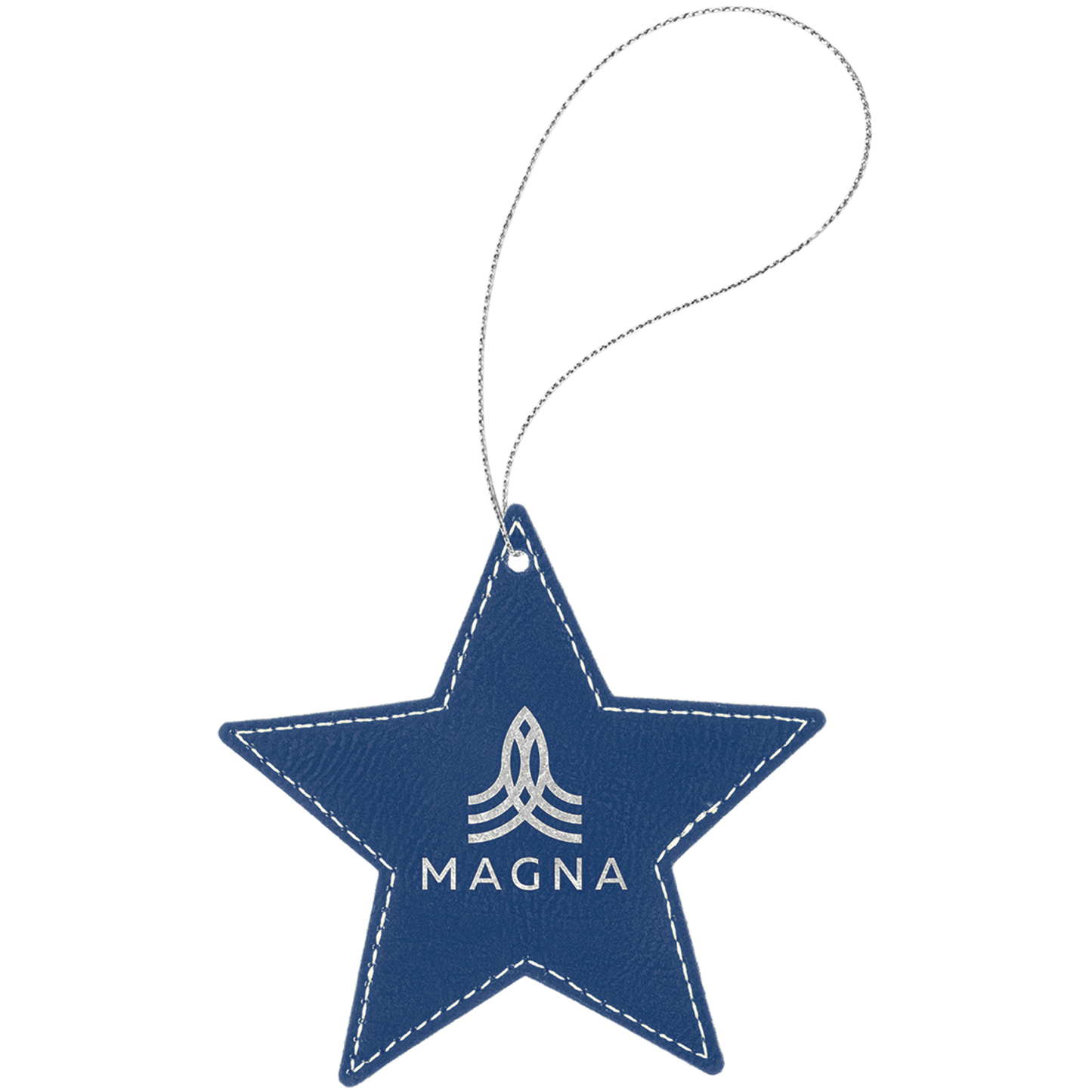 Blue and Silver leatherette star ornament, 4 by 4 inches, with silver hanging string