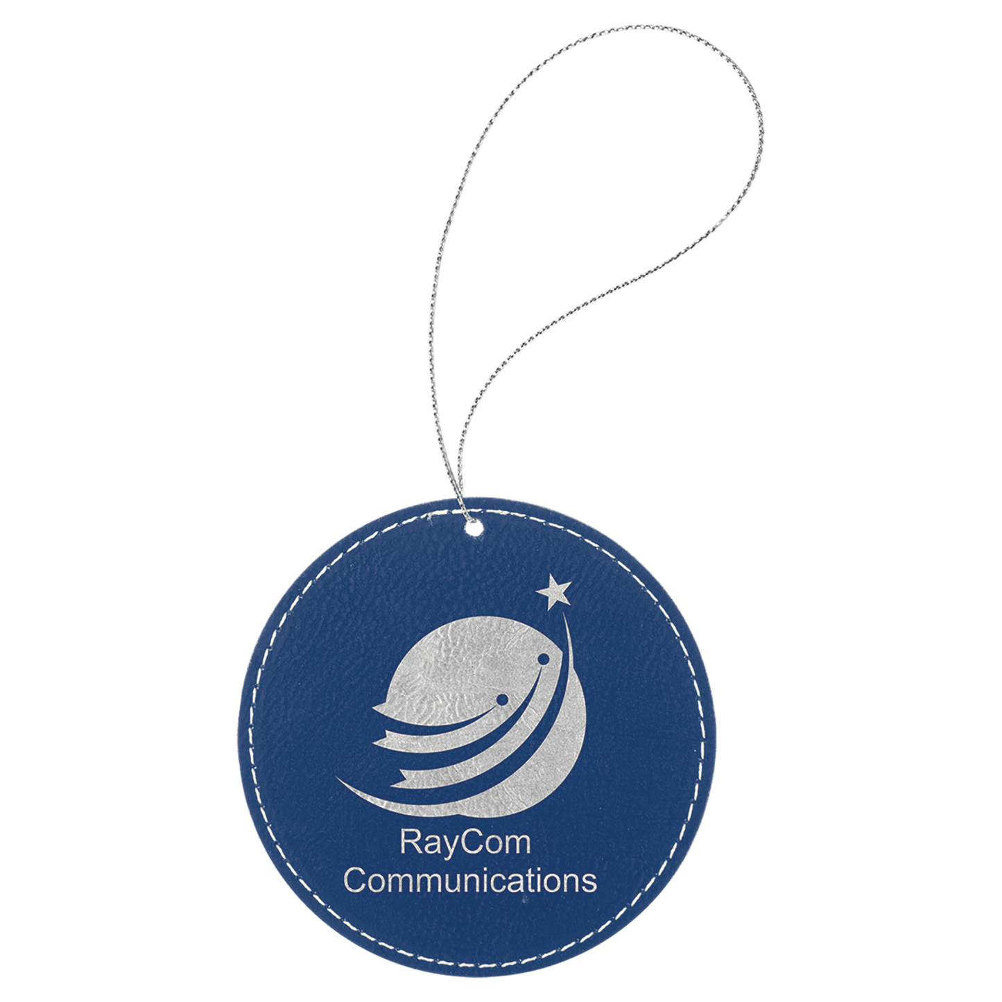 Blue and Silver leatherette round ornament, 3.75 inches, with silver hanging string