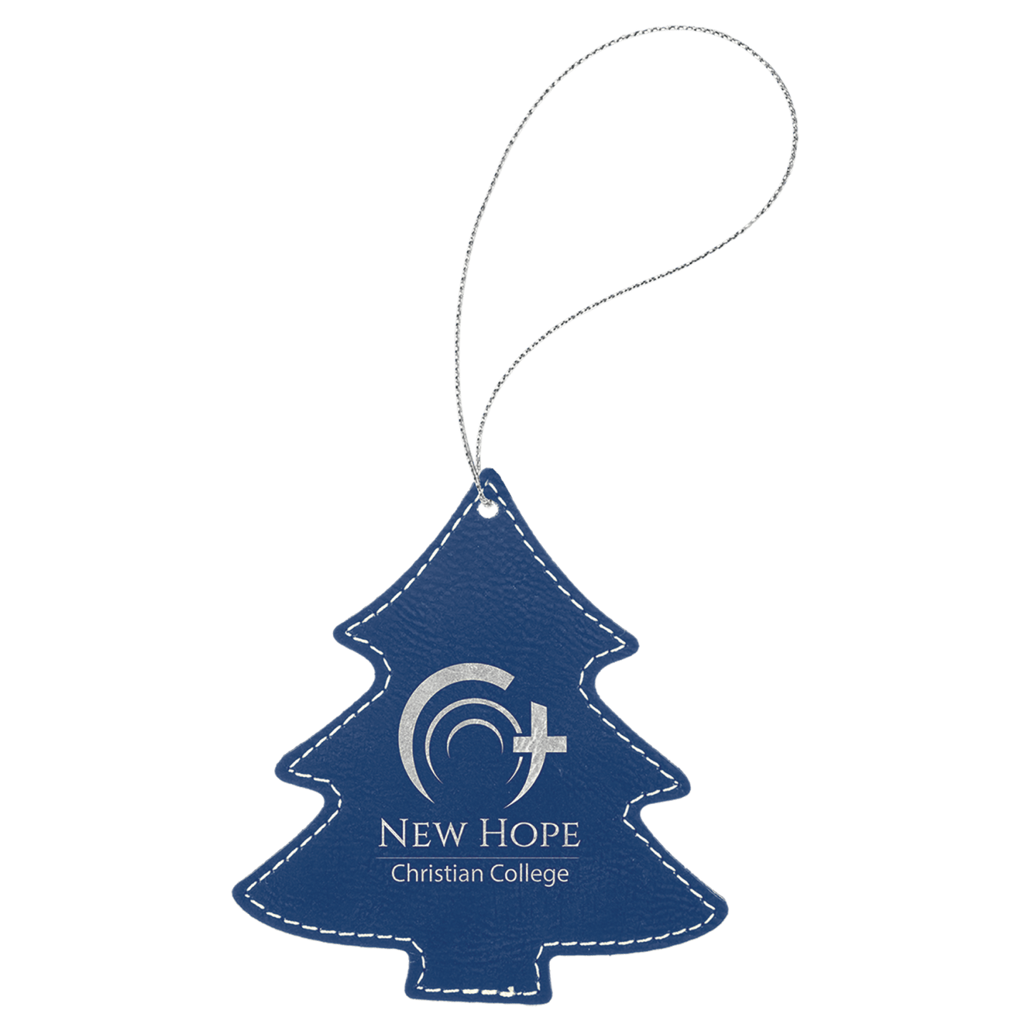Blue and Silver leatherette Christmas tree ornament, 4 by 4.25 inches, with silver hanging string