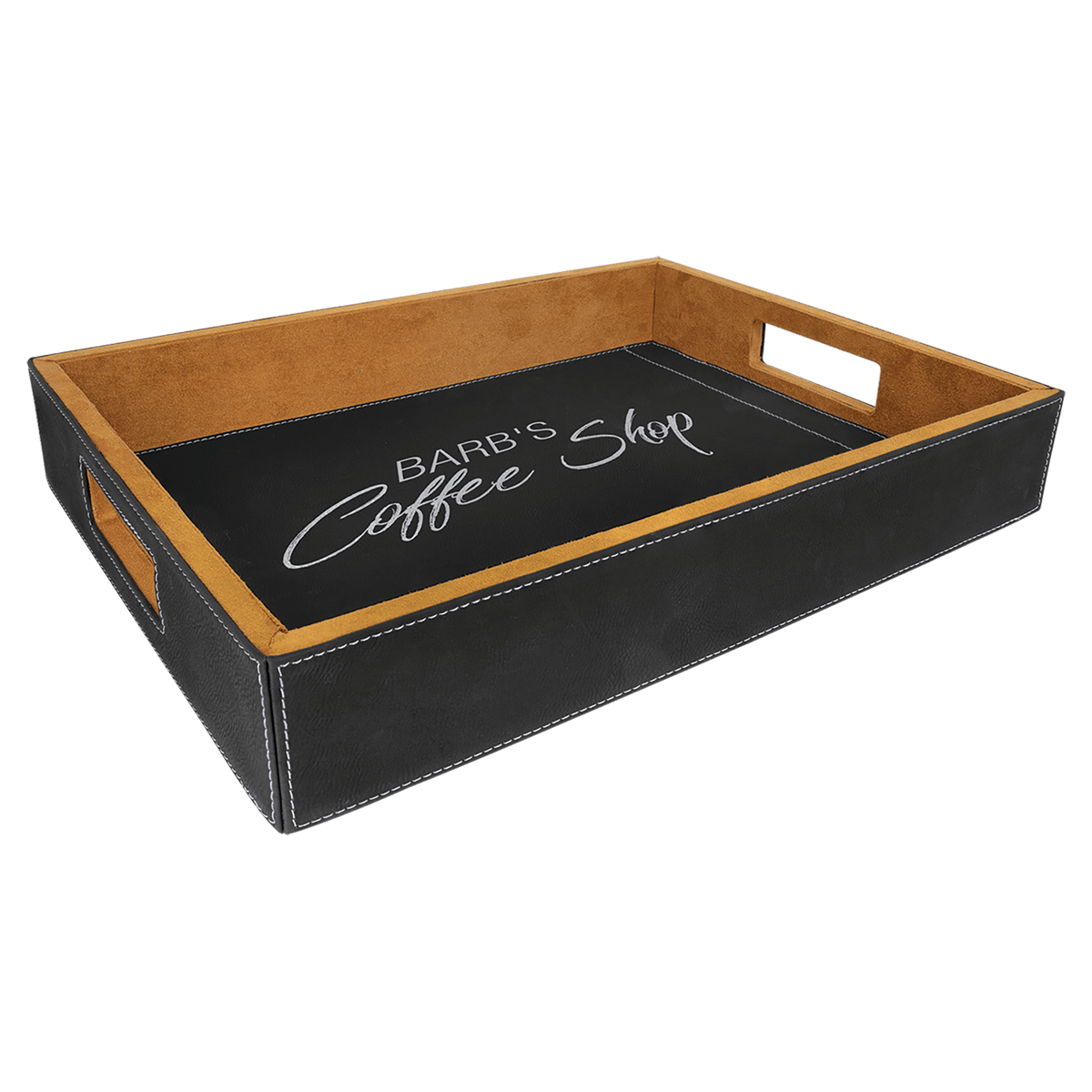 Personalized black/silver leatherette serving tray with handles, 16 x 12 inch