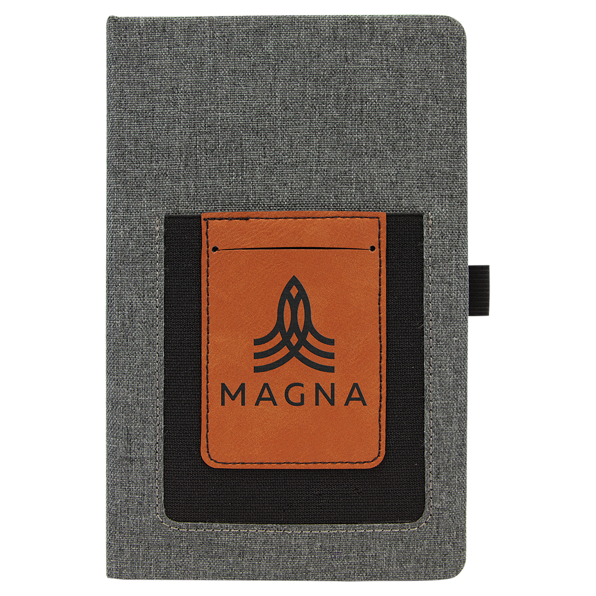 Personalized gray canvas journal with rawhide/black leatherette phone and card pocket