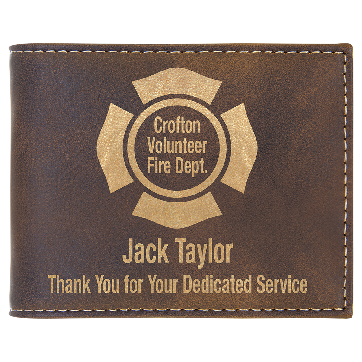 Personalized rustic/gold leatherette bifold wallet with flip ID window