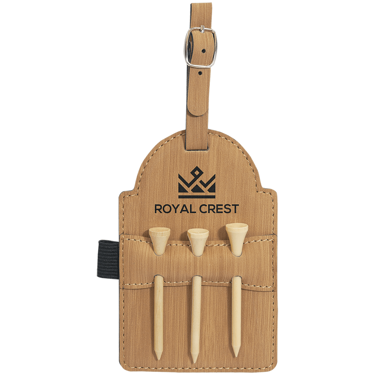 Personalized bamboo leatherette golf bag tag with wooden tees