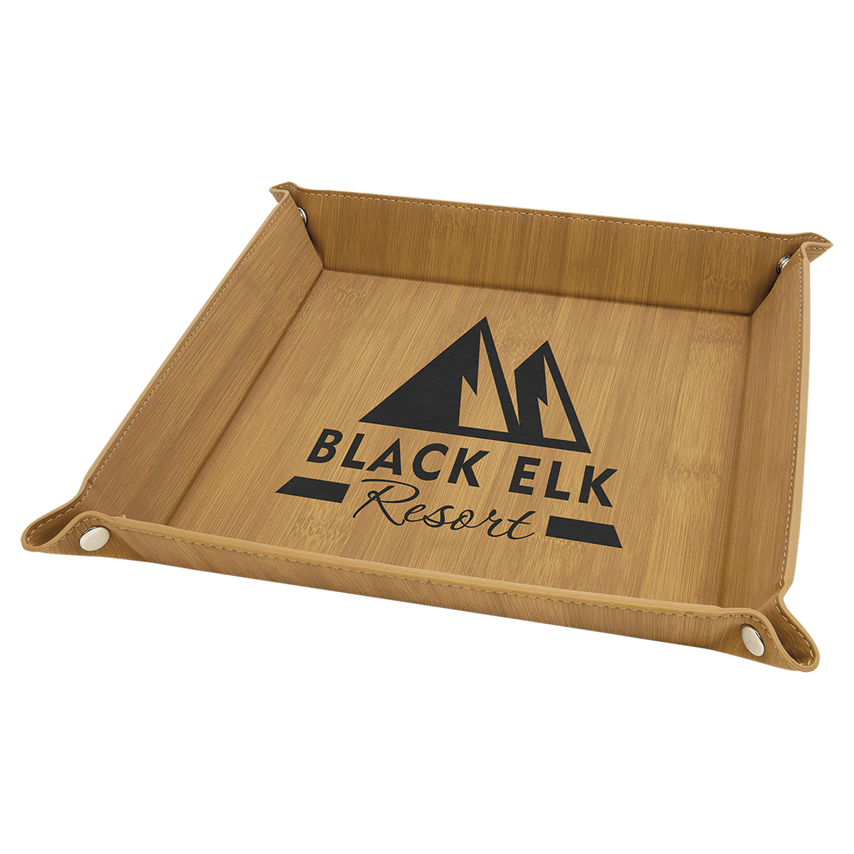 Personalized bamboo leatherette snap-up valet tray, 9 inch x 9 inch