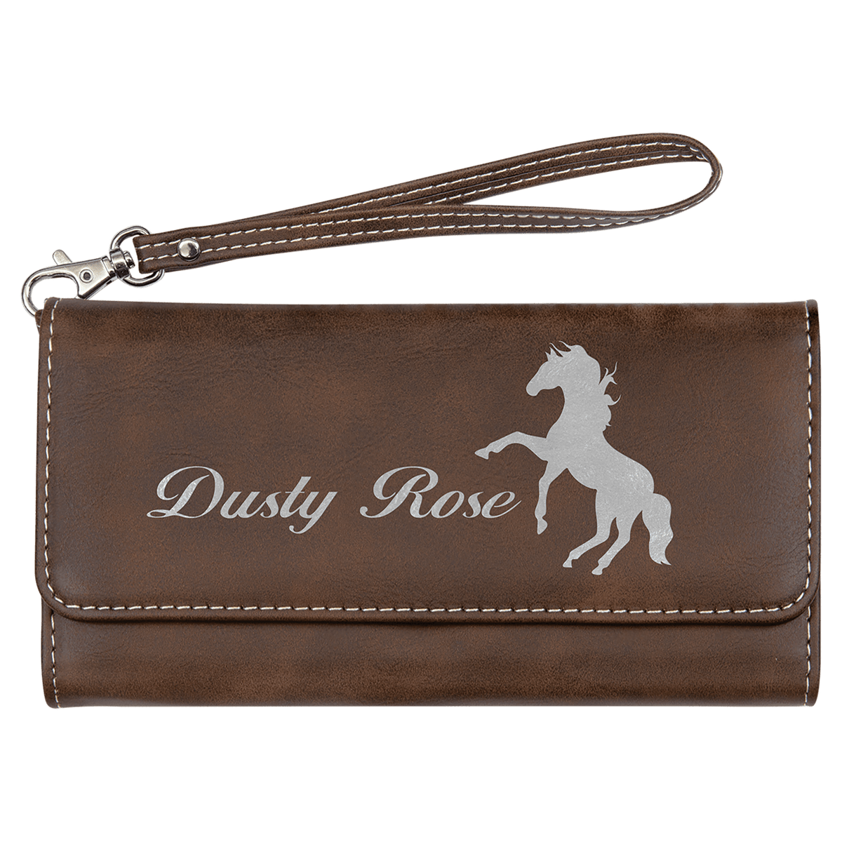 Personalized rustic/silver leatherette RFID wallet with wrist strap