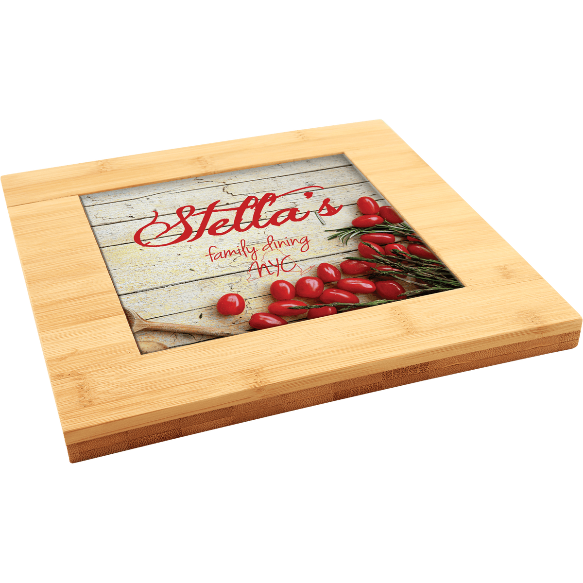 Personalized 9 inch bamboo trivet with recessed tile area