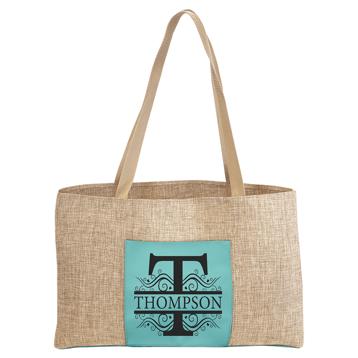 Personalized burlap tote bag with teal leatherette pocket