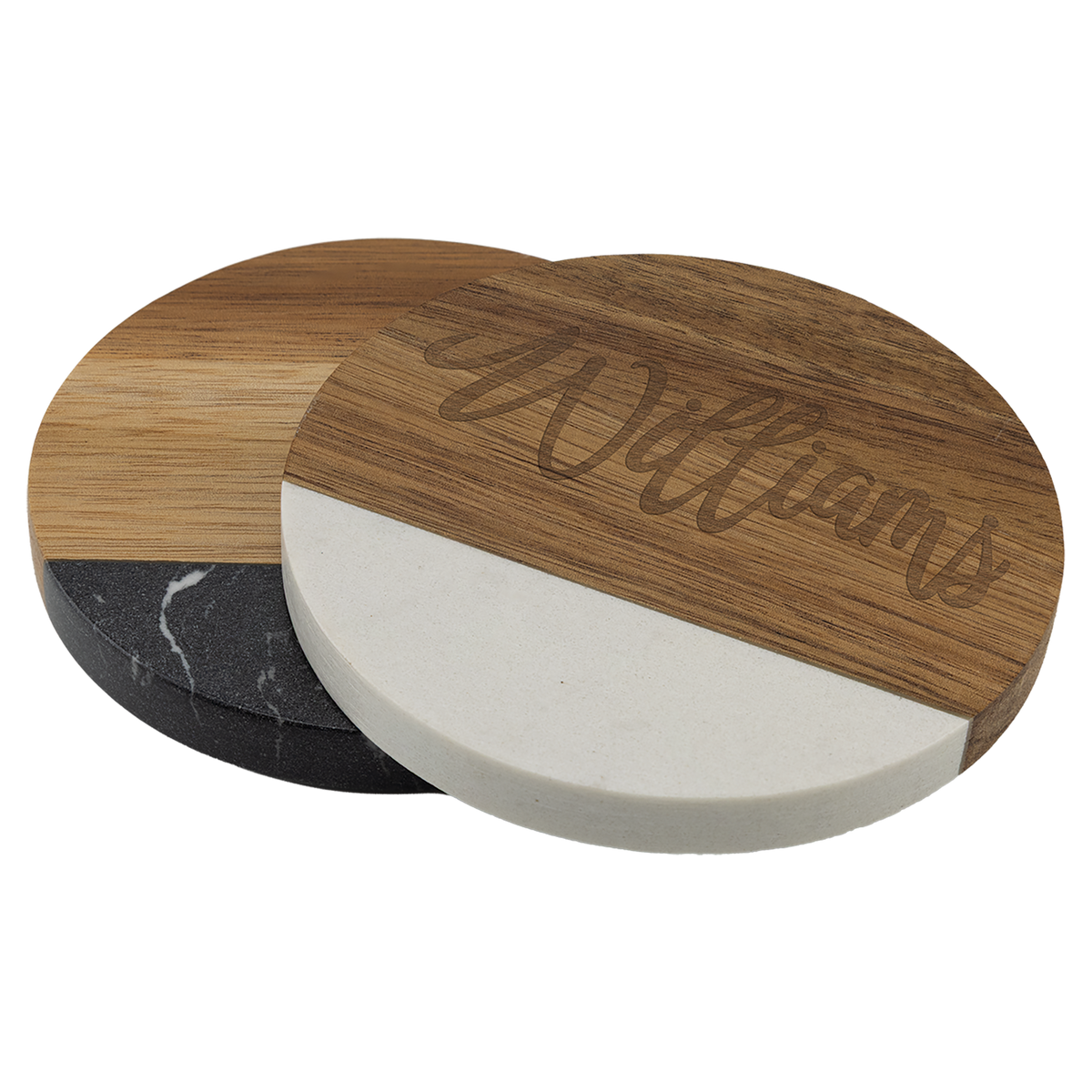 Round acacia coasters with white and black marble, stacked