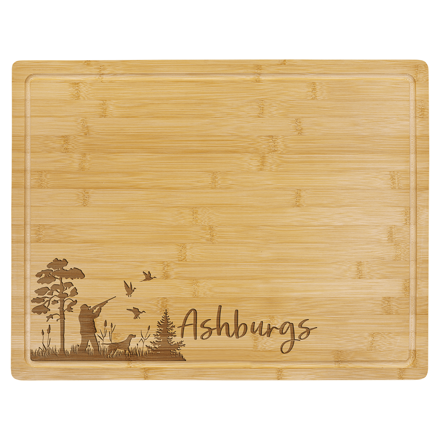 Personalized bamboo cutting board with juice groove, 19¾ x 15 inches, engraved