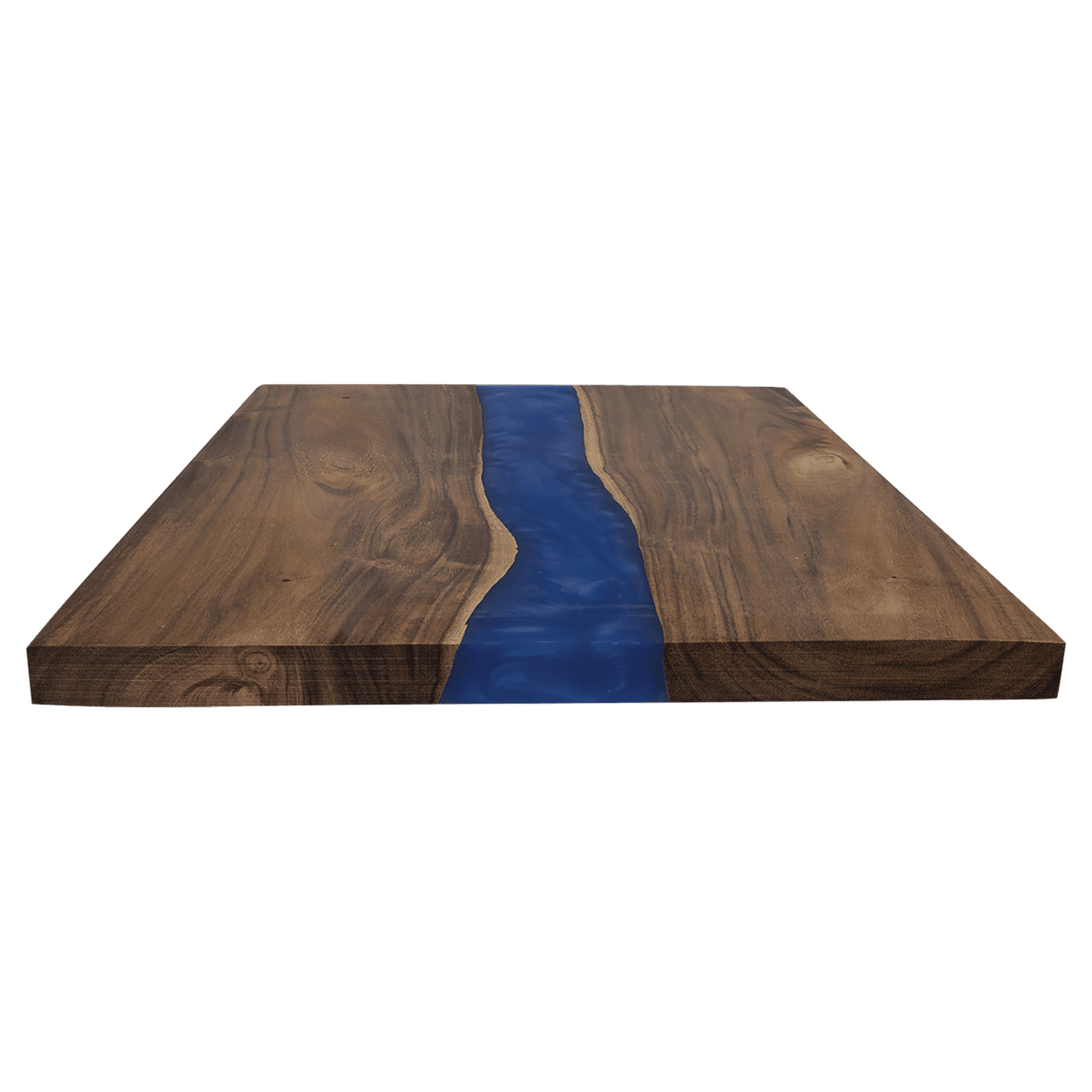 Wooden cutting board with a blue resin river design on a transparent background