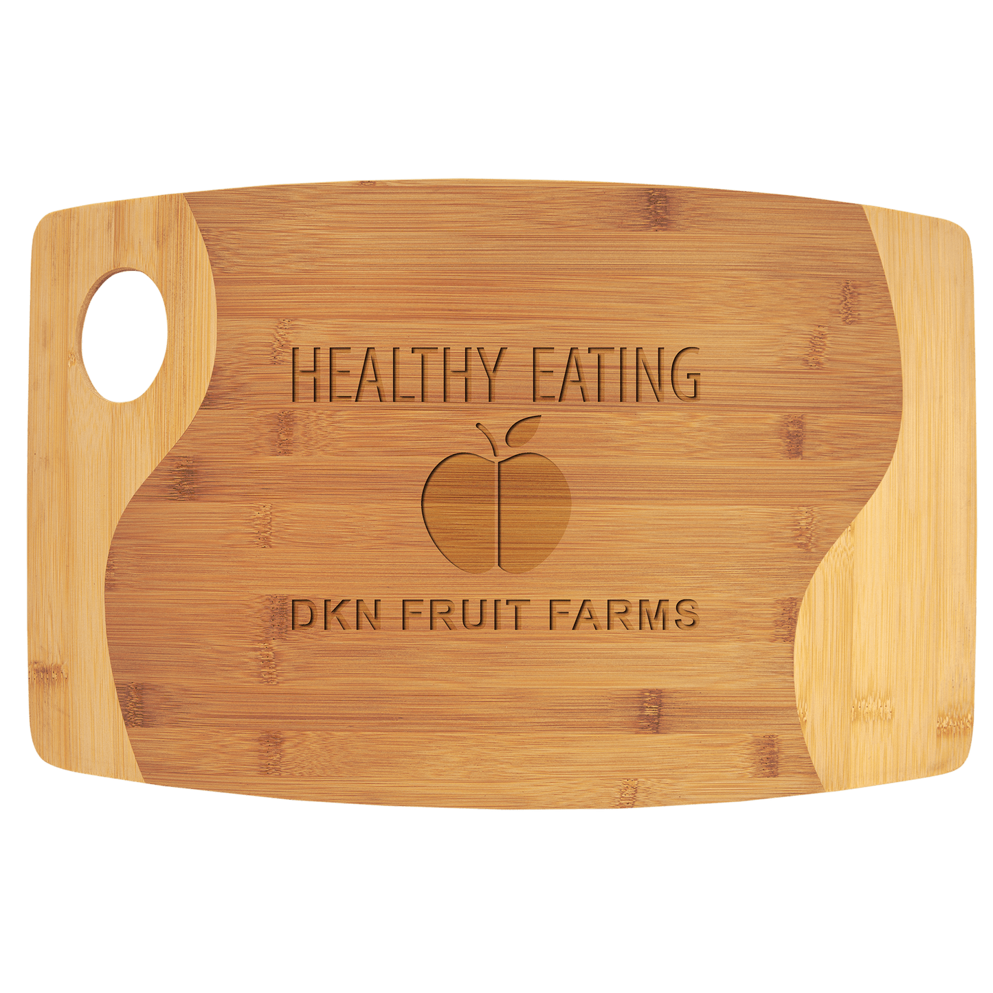 Personalized two-tone bamboo cutting board with handle, 17¾ x 11¾ inches, engraved