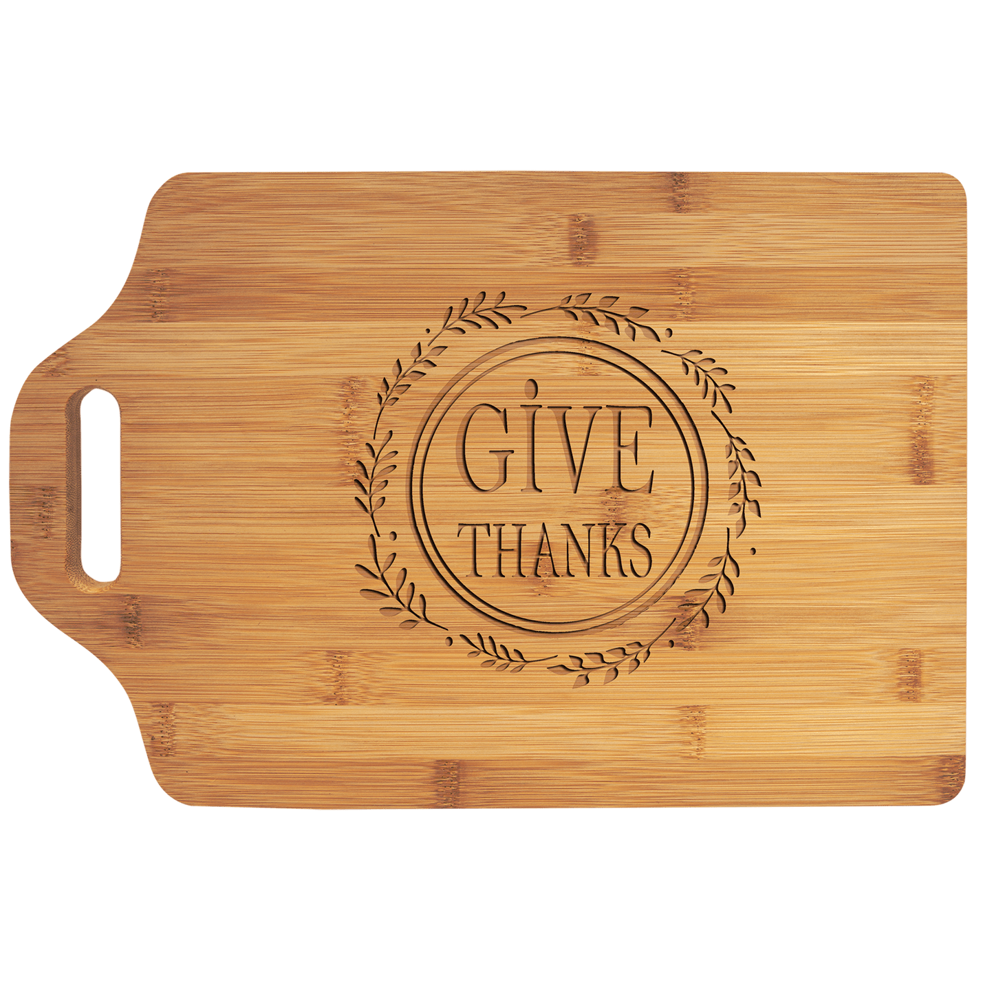 Personalized bamboo cutting board with handle, 15 x 10¼ inches, custom engraved