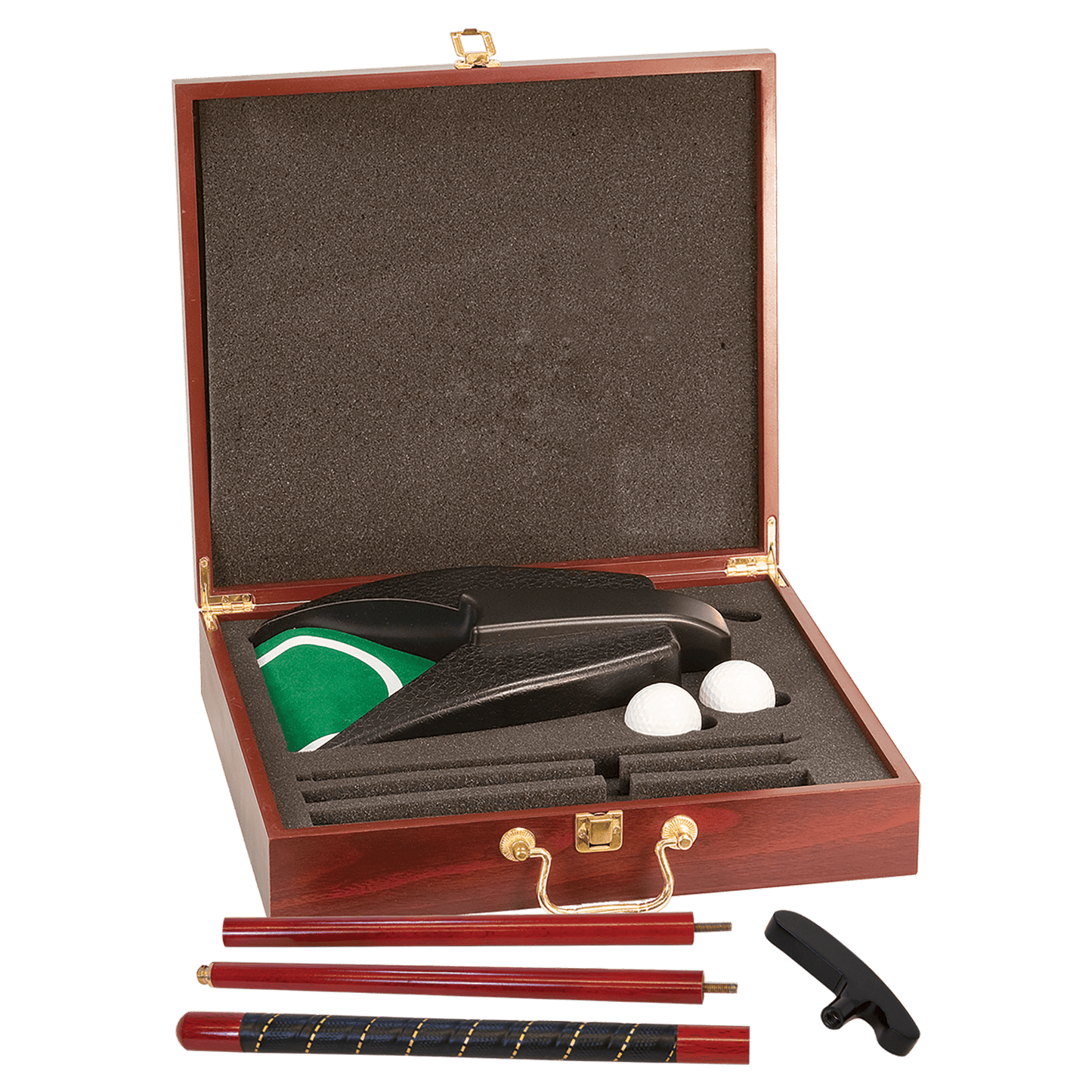 Golf Putting set with wooden case, balls, and accessories