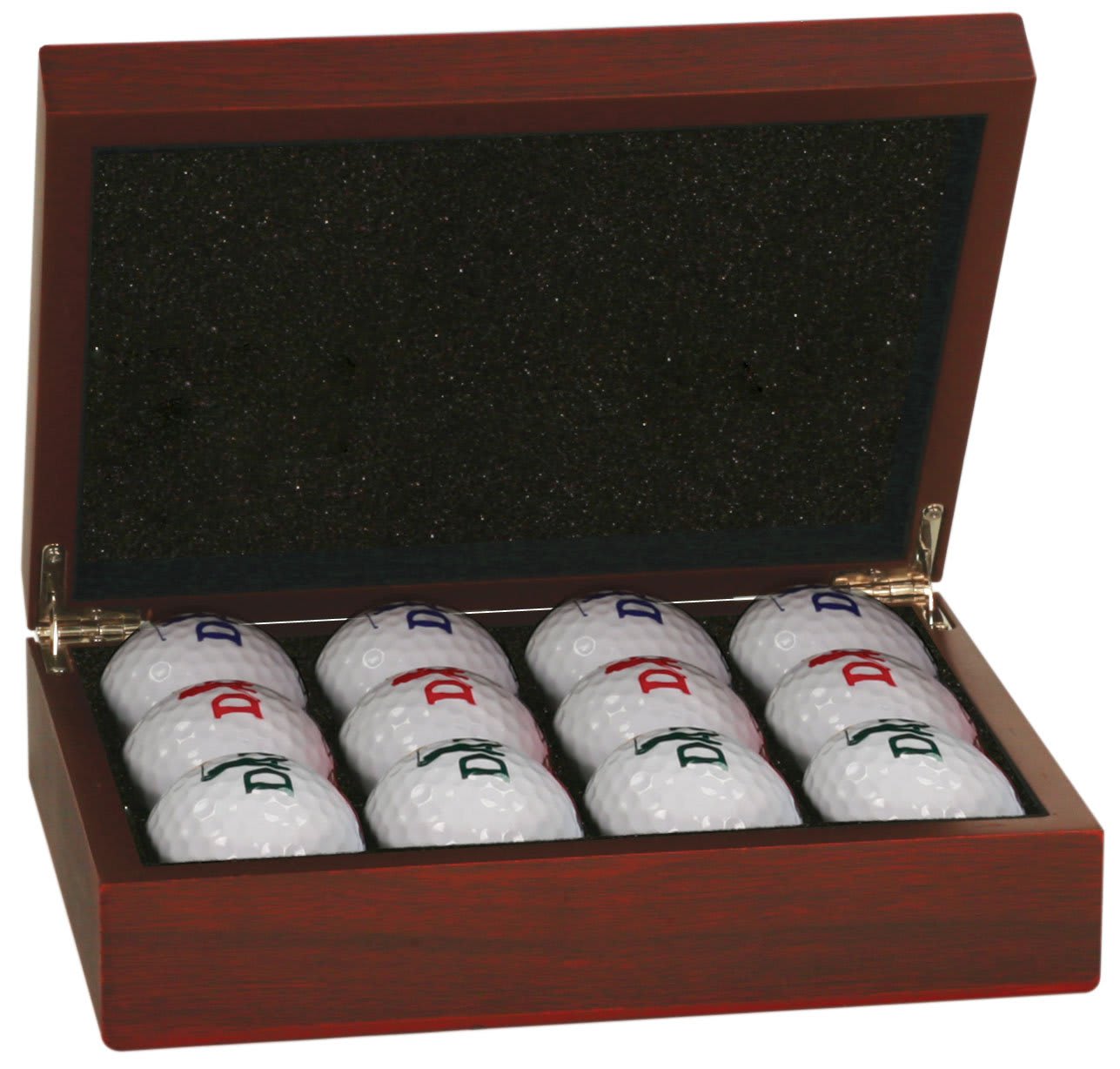Set of twelve golf balls with logos in a wooden box