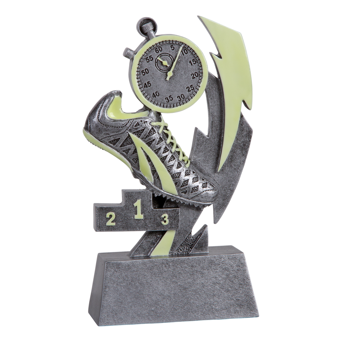 Six-inch pewter-grey resin track and field trophy with glow-in-the-dark green accents on a stepped base