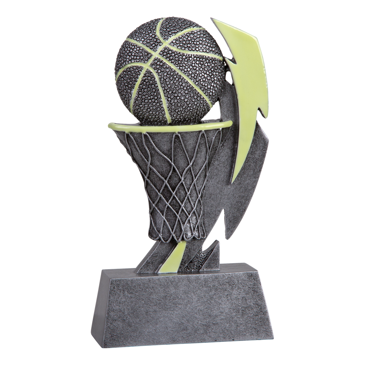 Six-inch pewter-grey resin basketball trophy with a glow-in-the-dark green ball, net and flame accents on a stepped base
