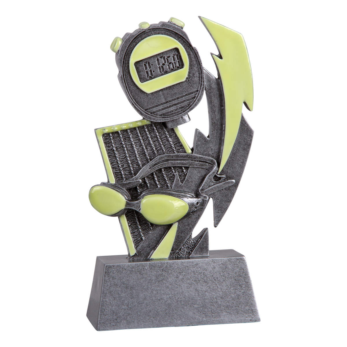 Six-inch pewter-grey resin swimming trophy with glow-in-the-dark green accents on a stepped base