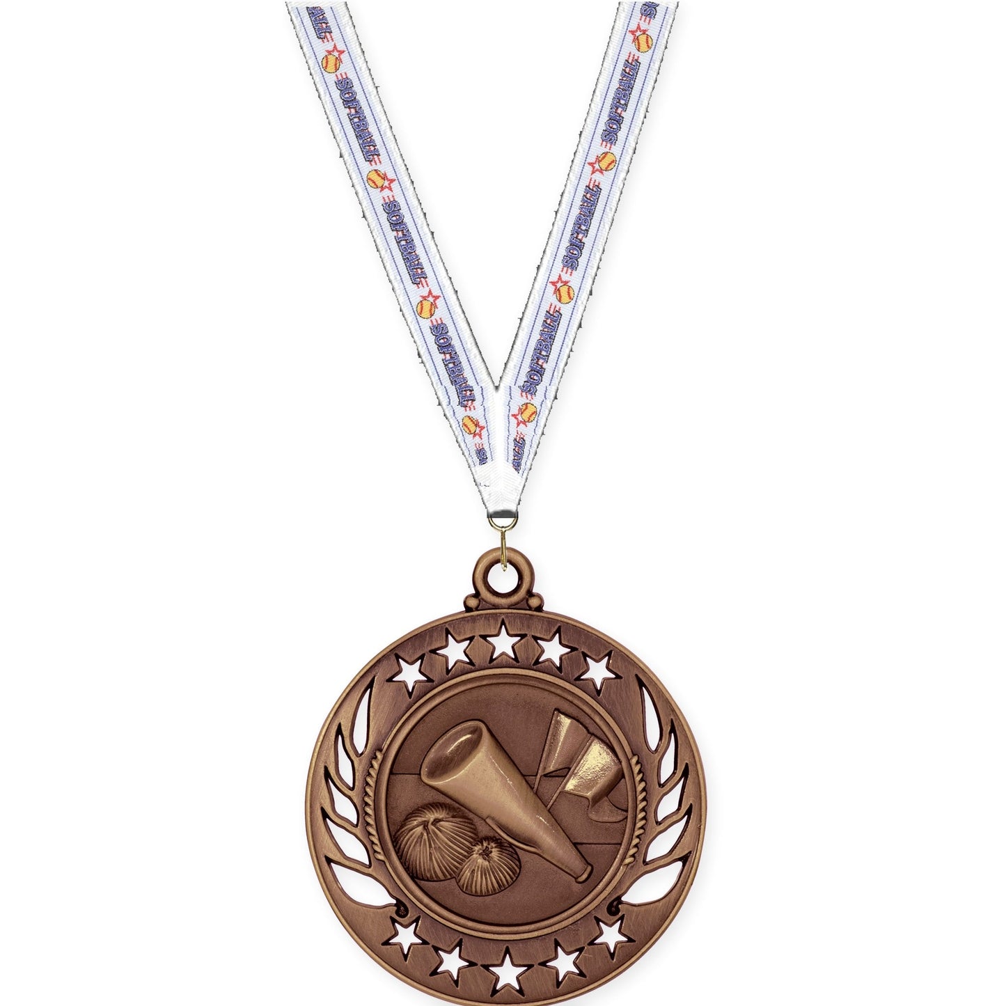 2 1/4 inch cheerleading Galaxy medal in antique bronze with Softball neck ribbon