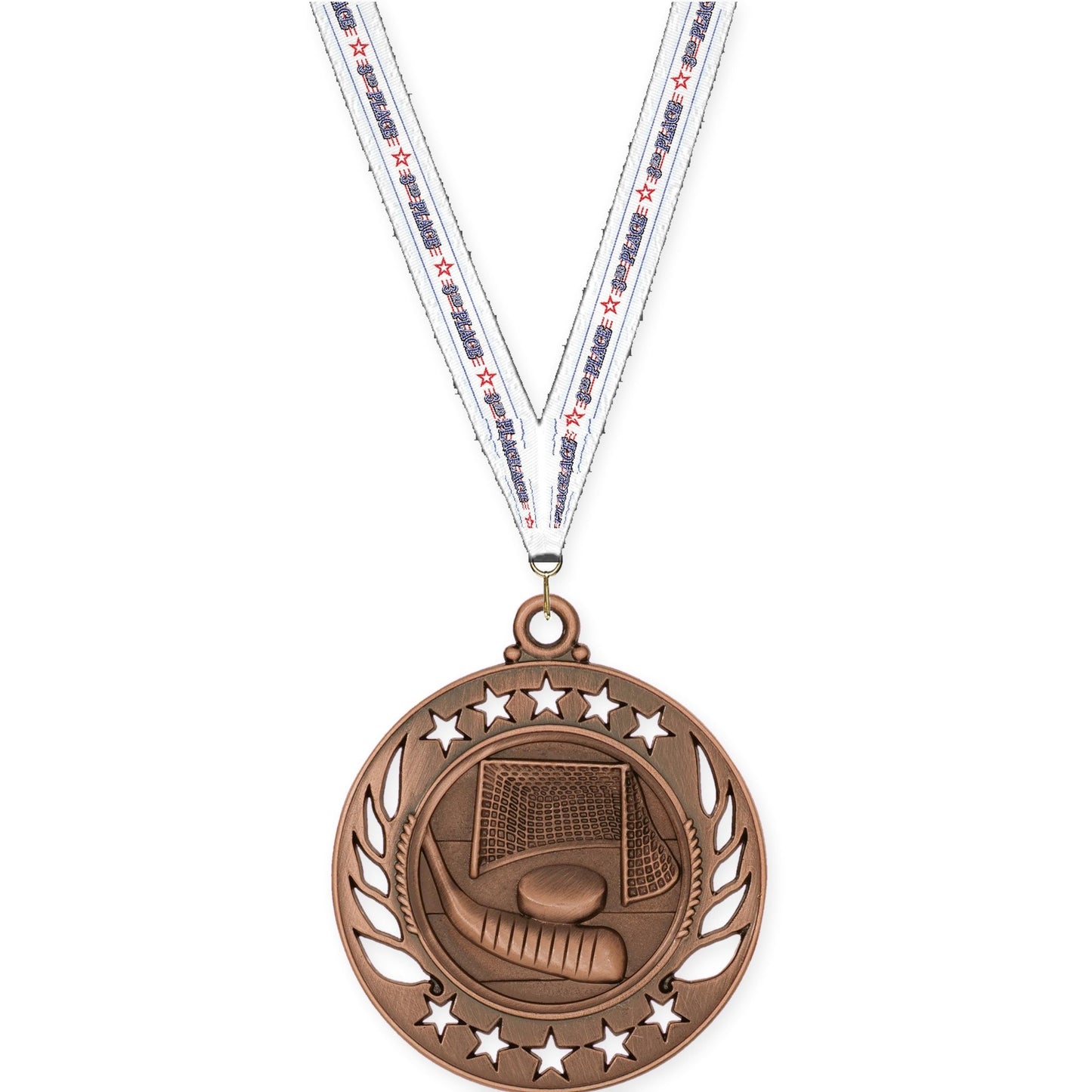 2 1/4 inch hockey Galaxy medal in antique bronze with 3rd Place neck ribbon