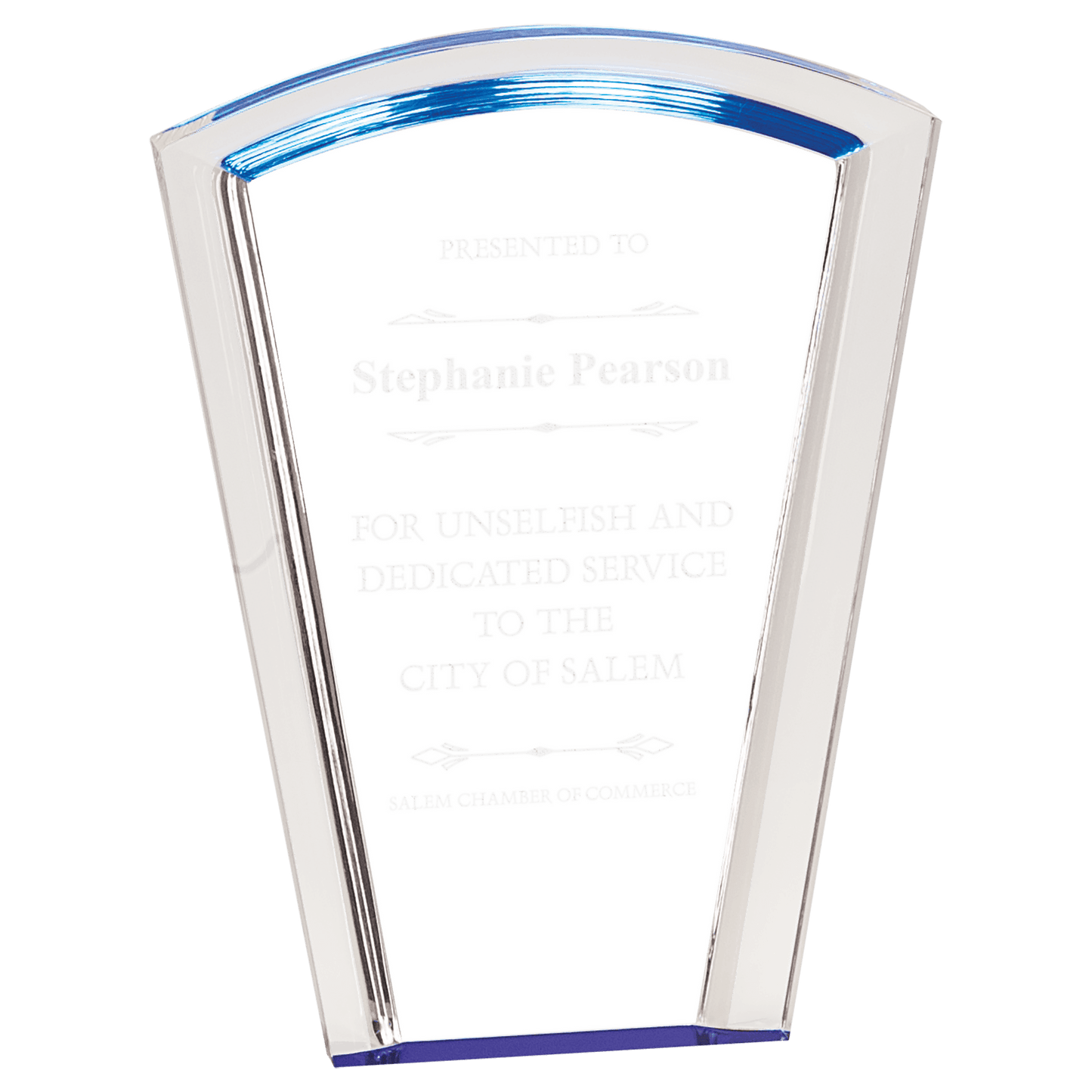 Blue Fan Halo Acrylic award, 8", self-standing acrylic with clear engraving area