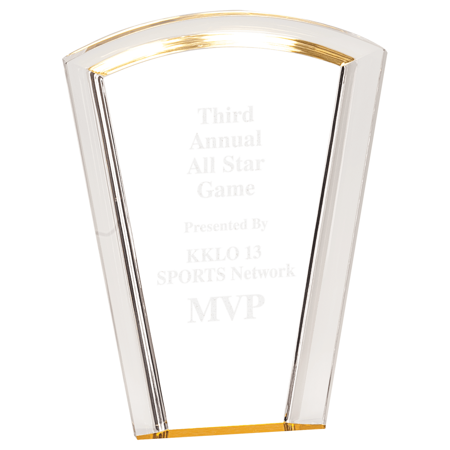 Gold Fan Halo Acrylic award, 8", self-standing acrylic with clear engraving area