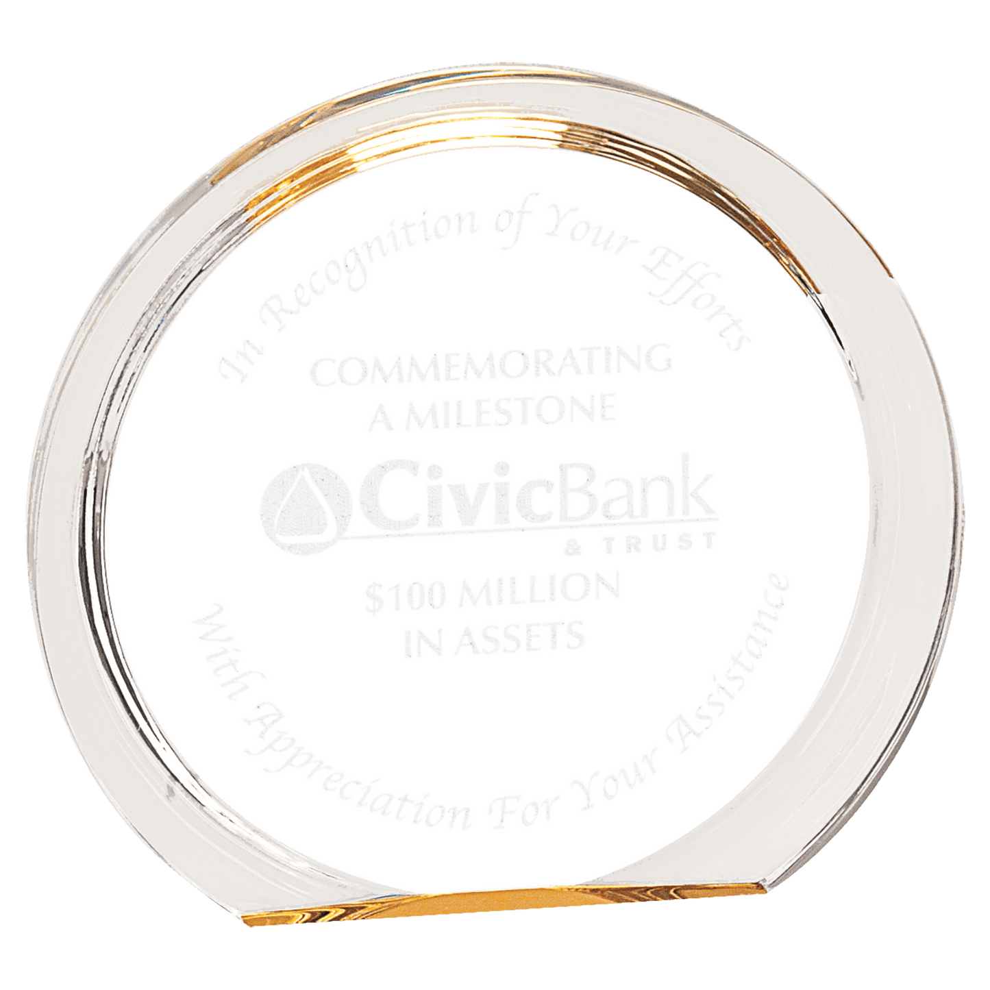 Gold Round Halo Acrylic award, 6 3/8", self-standing acrylic with clear engraving area