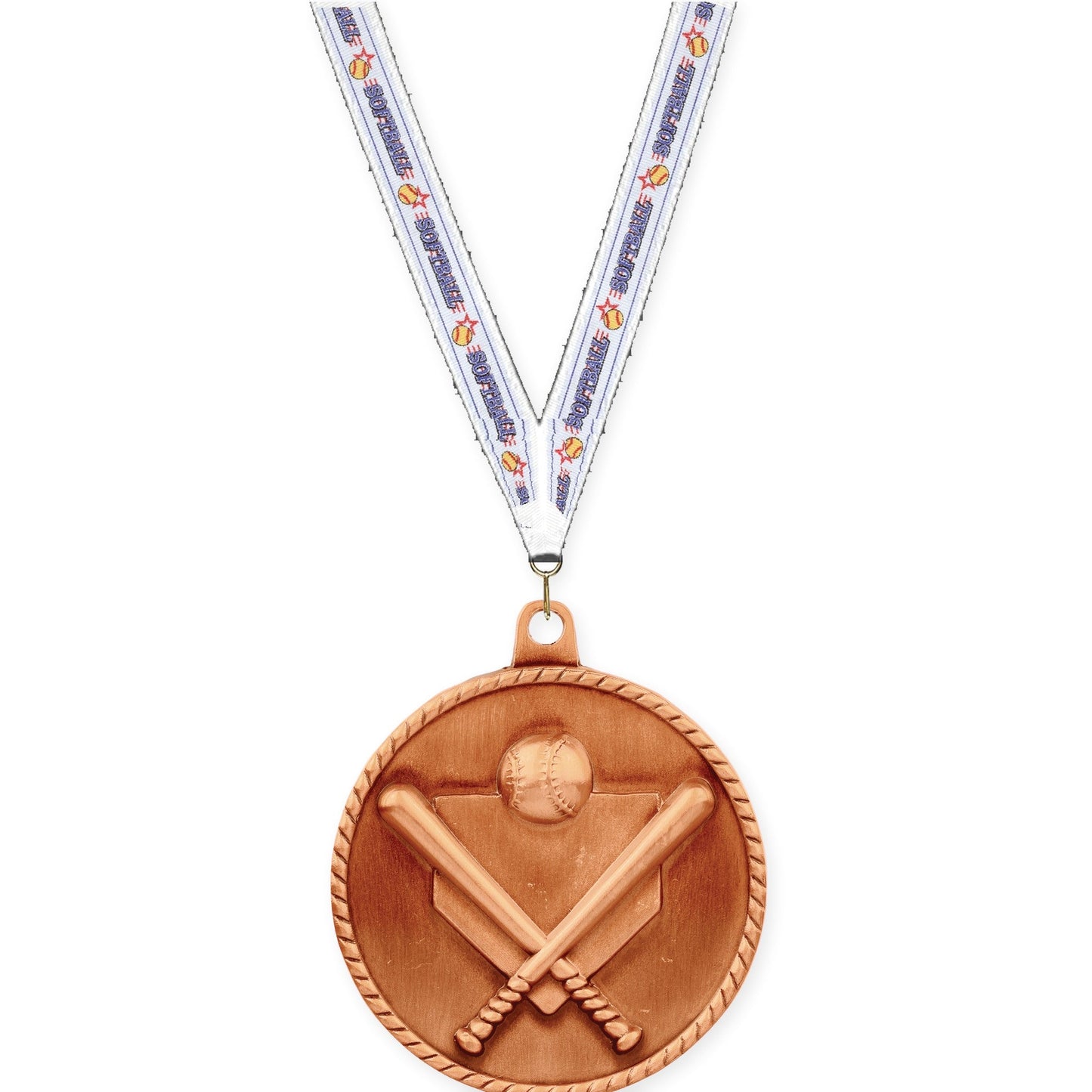 2 inch baseball and softball High Relief medal in antique bronze with Softball neck ribbon