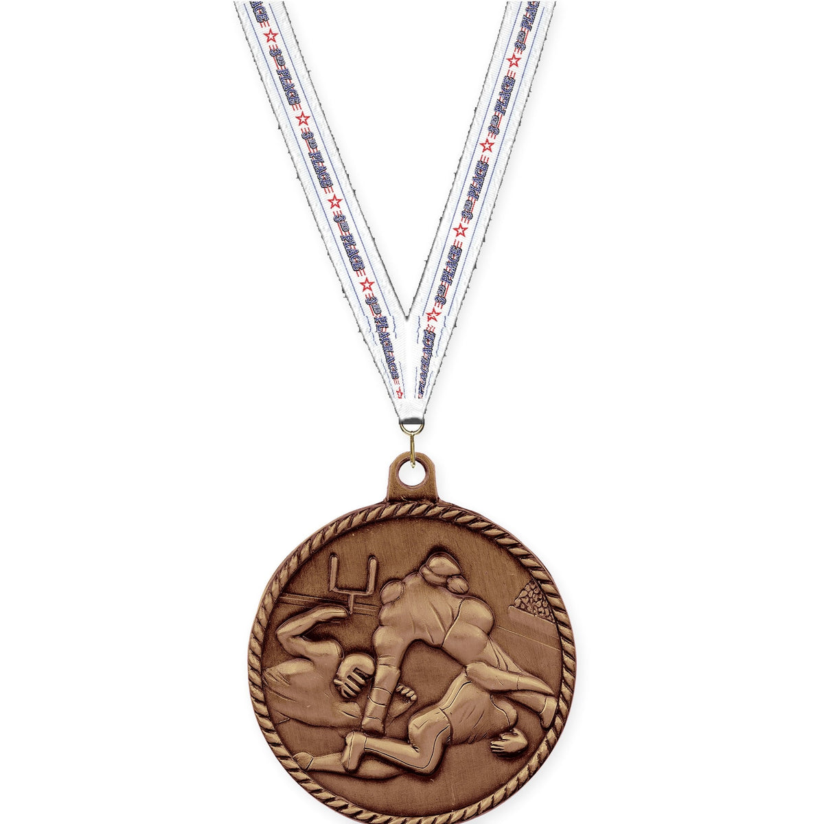 2 inch football High Relief medal in antique bronze with 3rd Place neck ribbon