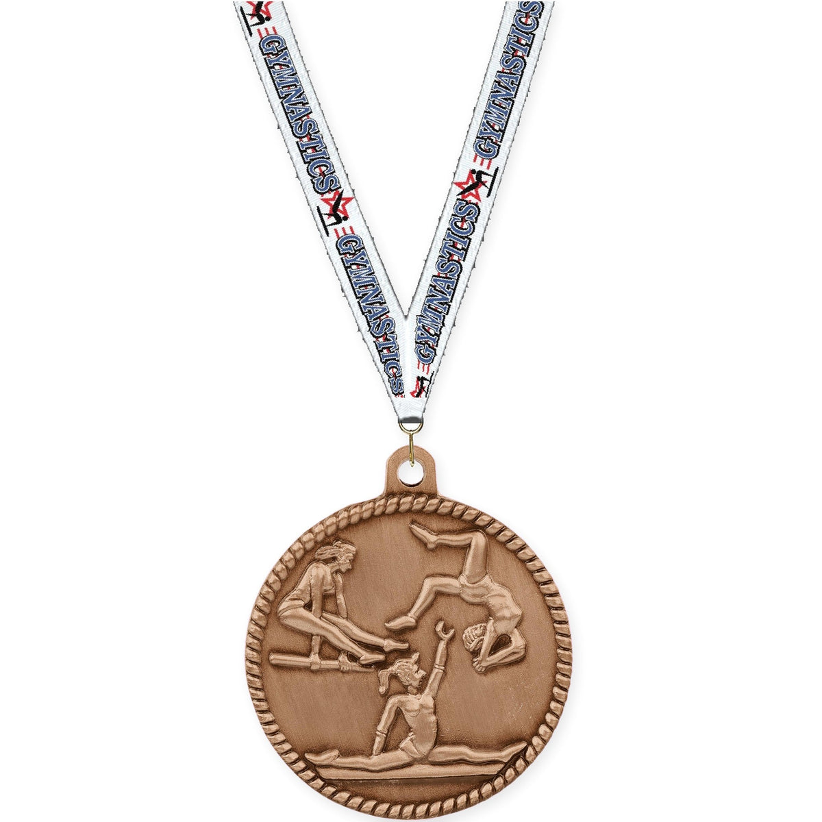 2 inch gymnastics High Relief medal in antique bronze with Gymnastics neck ribbon