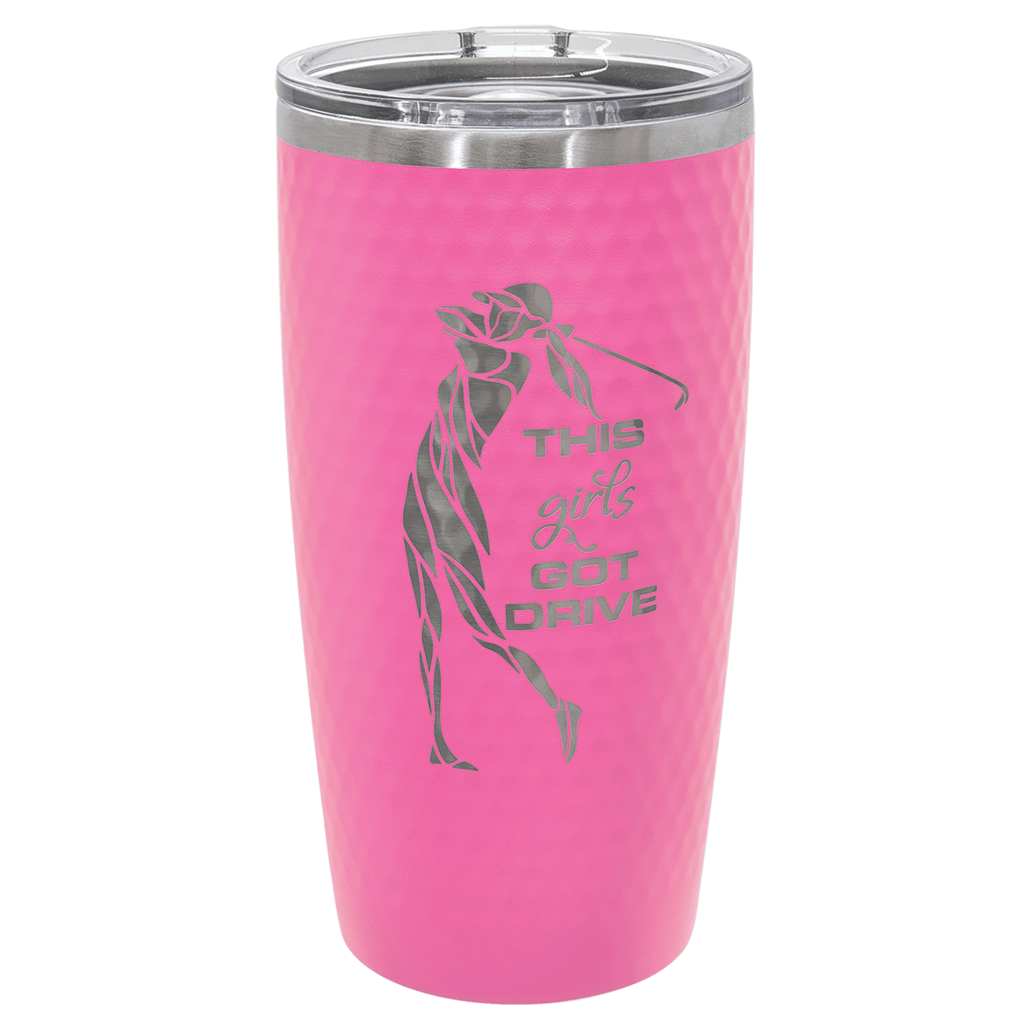Pink 20 oz dimpled stainless steel golf tumbler with slider lid